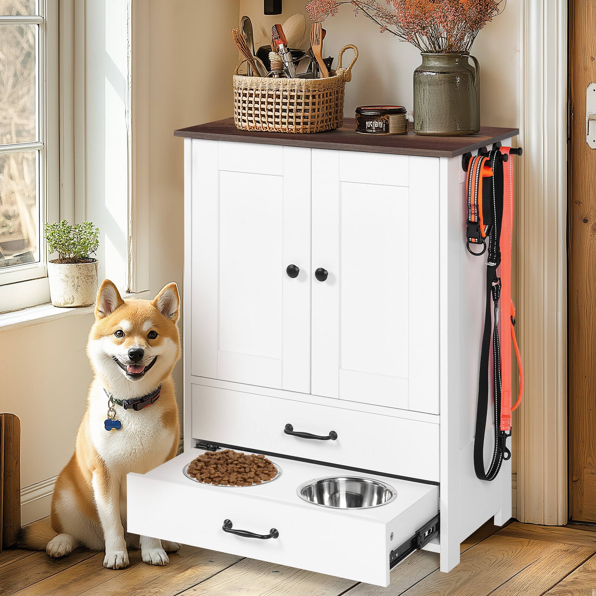 Front. Yardgrace - Dog feeding station, double door locker with 2 adjustable dog bowls, 3 hooks on right side, white - White.