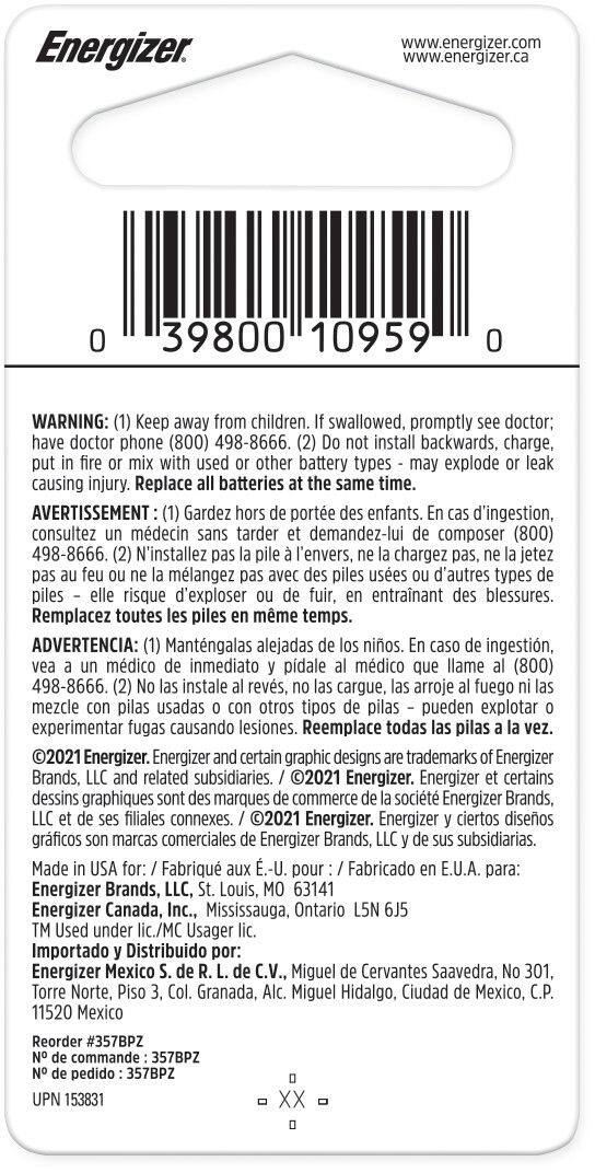 Alt View 1. Energizer - 357/303 Batteries (1 Pack), Button Cell Batteries - Silver.