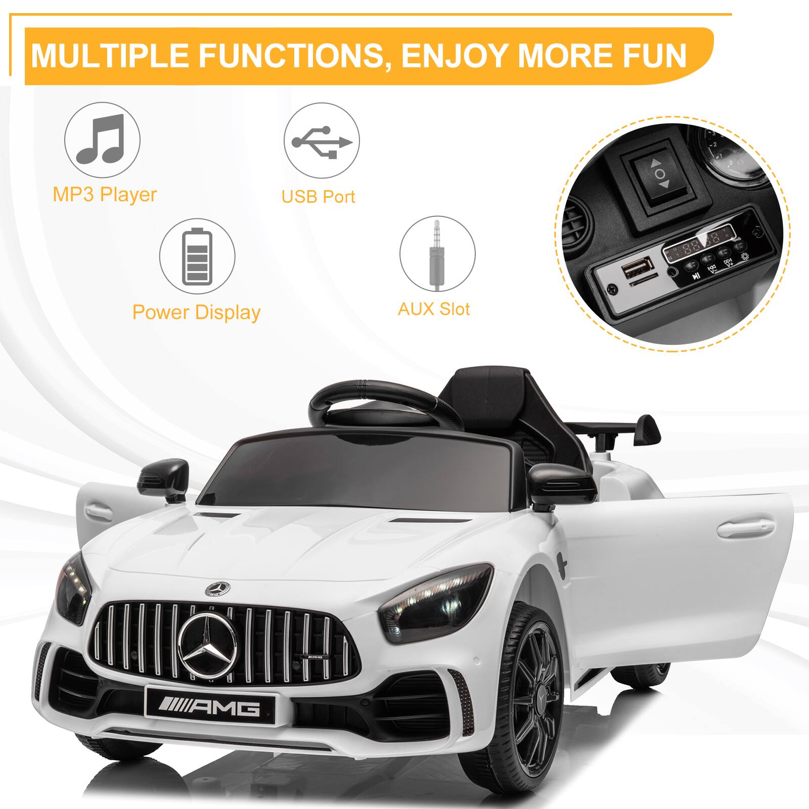 MULTIPLE FUNCTIONS, ENJOY MORE FUN

- MP3 Player
- USB Port
- Power Display
- AUX Slot