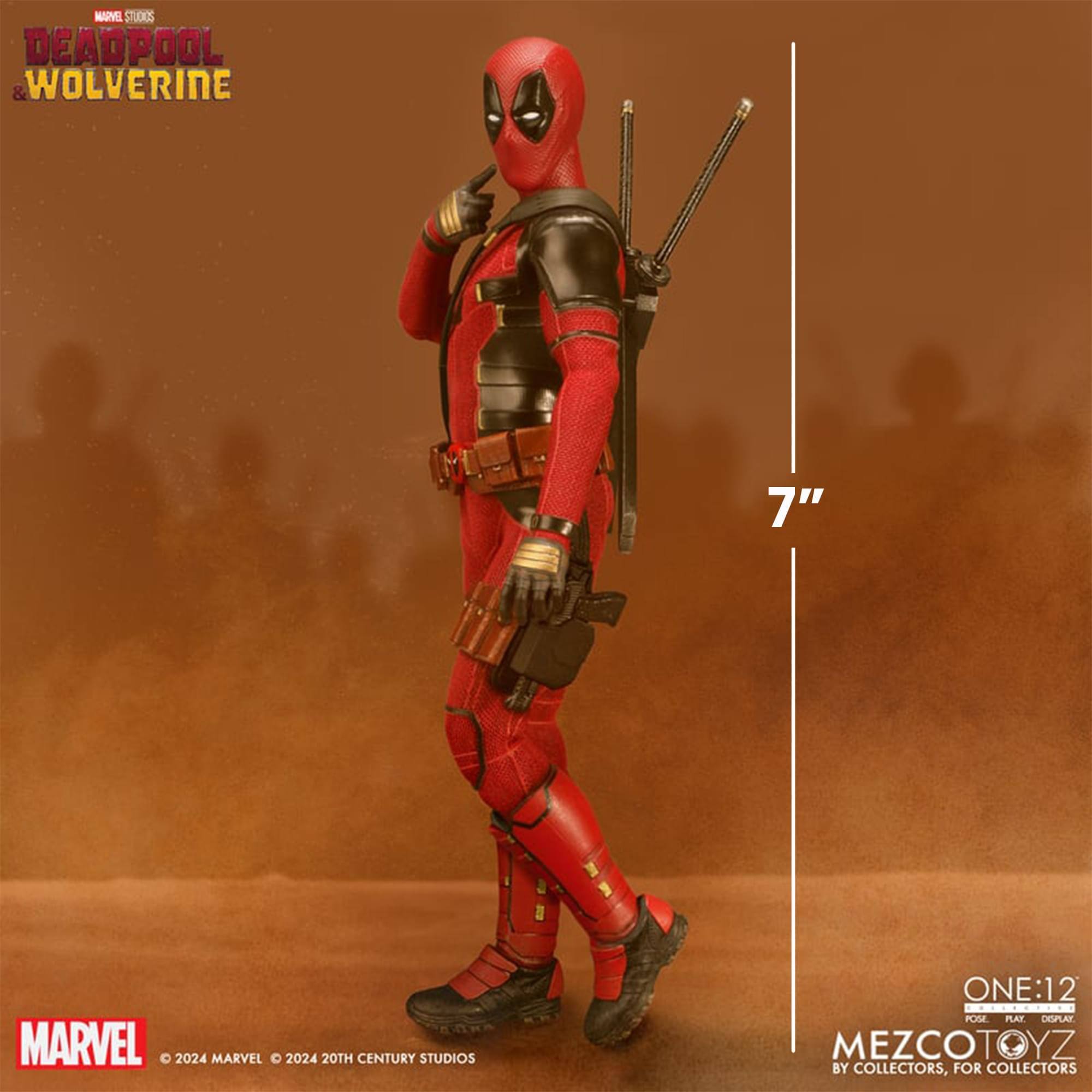 MUME STUDIOS  
DEADPOOL & WOLVERINE  
7"  
MARVEL  
2024  
20TH CENTURY STUDIOS  
ONE:12  
12 POSE  
PLATT DSPLAT  
MEZCOTOYZ  
BY COLLECTORS, FOR COLLECTORS  

© 2024 MARVEL © 2024 20TH CENTURY STUDIOS
