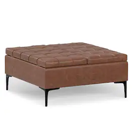 Simpli Home - Laura 36 inch Wide Mid Century Square Lift Top Storage Ottoman Vegan Faux Leather, Assembled - Distressed Saddle Brown