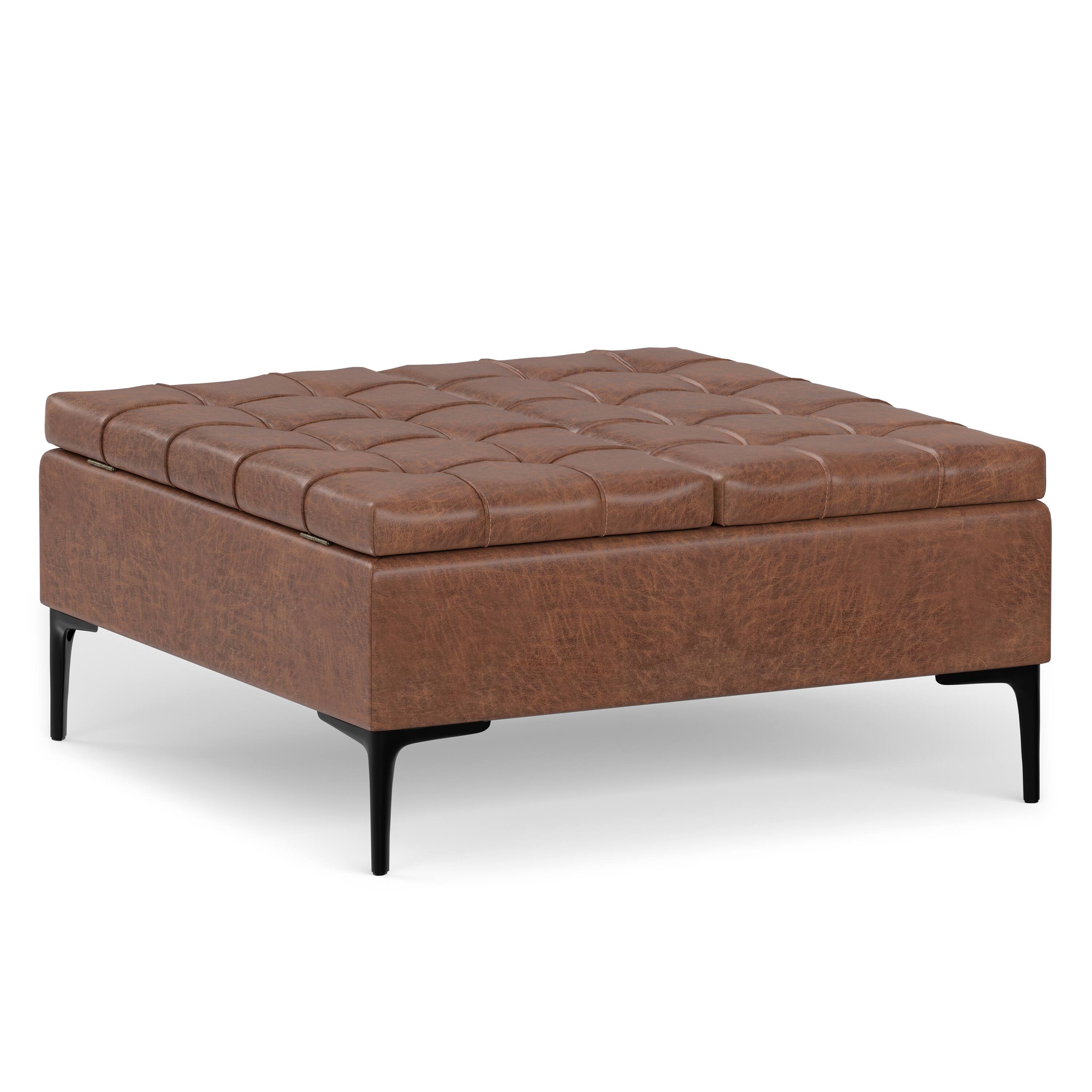 Front. Simpli Home - Laura 36 inch Wide Mid Century Square Lift Top Storage Ottoman in Distressed Saddle Brown  Vegan Faux Leather, Assembled - Distressed Saddle Brown.