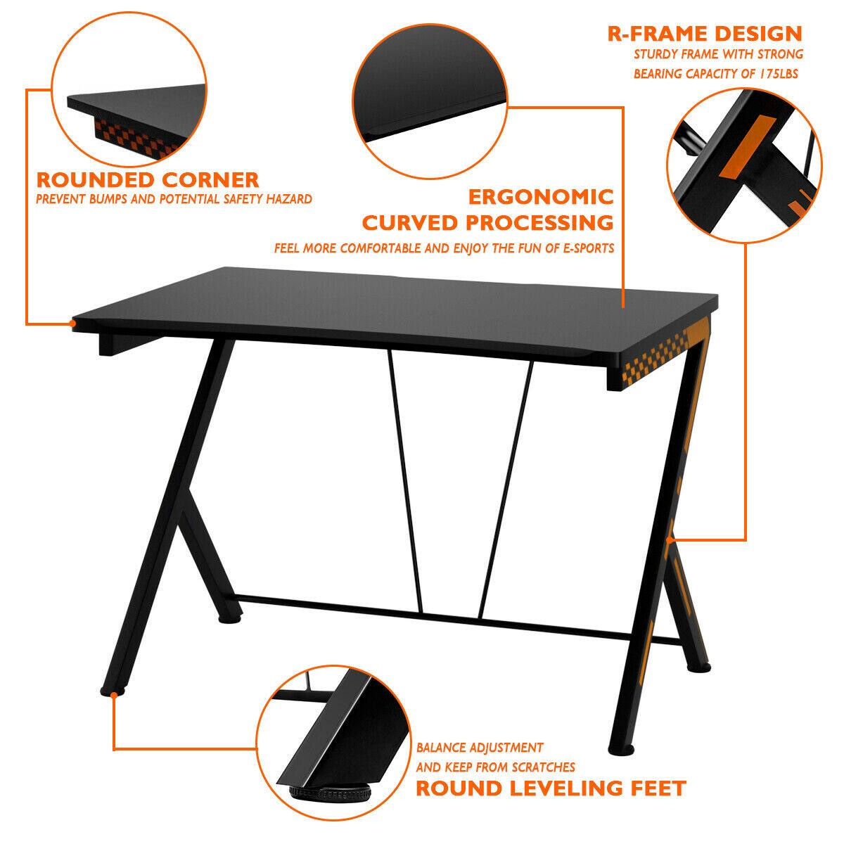 The text on the image is grouped and corrected as follows:

1. R-FRAME DESIGN: Sturdy frame with strong bearing capacity of 175LBS.
2. ROUNDED CORNER: Prevent bumps and potential safety hazard.
3. ERGONOMIC CURVED PROCESSING: Feel more comfortable and enjoy the fun of e-sports.
4. BALANCE ADJUSTMENT: Keep from scratches and ensure stability.
5. ROUND LEVELING FEET: Provide a stable base and level the table.