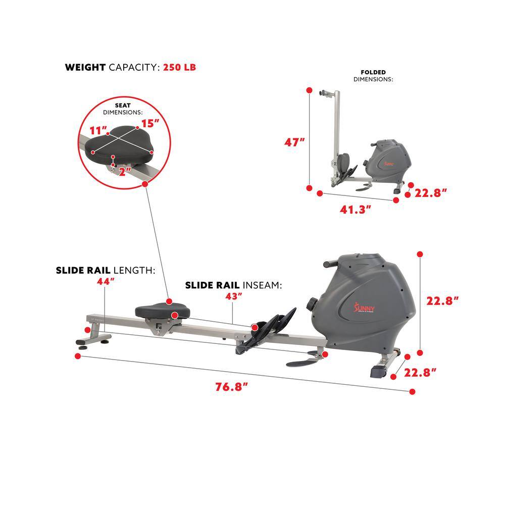 WEIGHT CAPACITY: 250 LB  
SEAT DIMENSIONS: 15" x 11"  
FOLDED DIMENSIONS: 47" x 41.3" x 22.8"  
SLIDE RAIL LENGTH: 44"  
SLIDE RAIL INSEAM: 43"  
76.8"