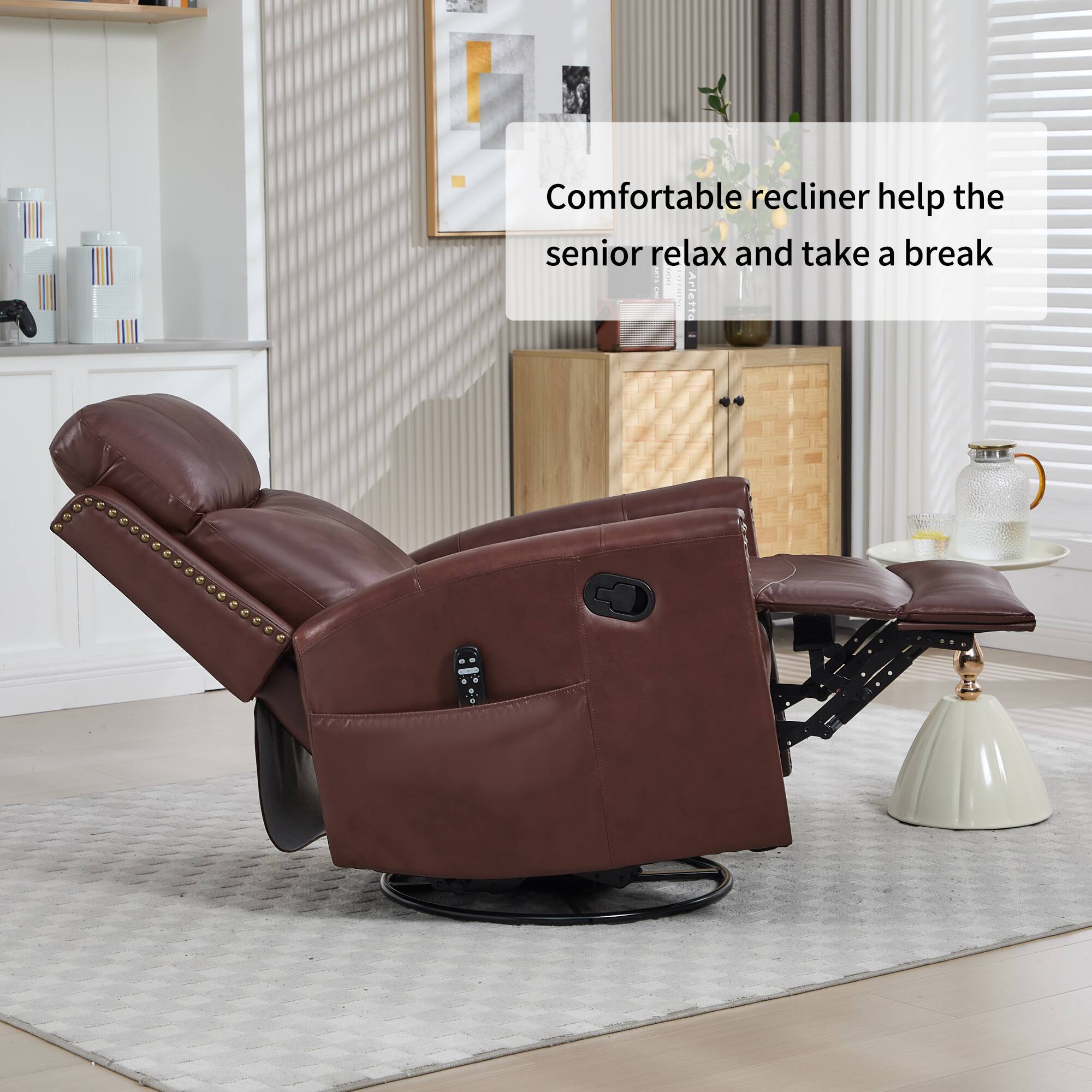 Comfortable recliner helps the senior relax and take a break.