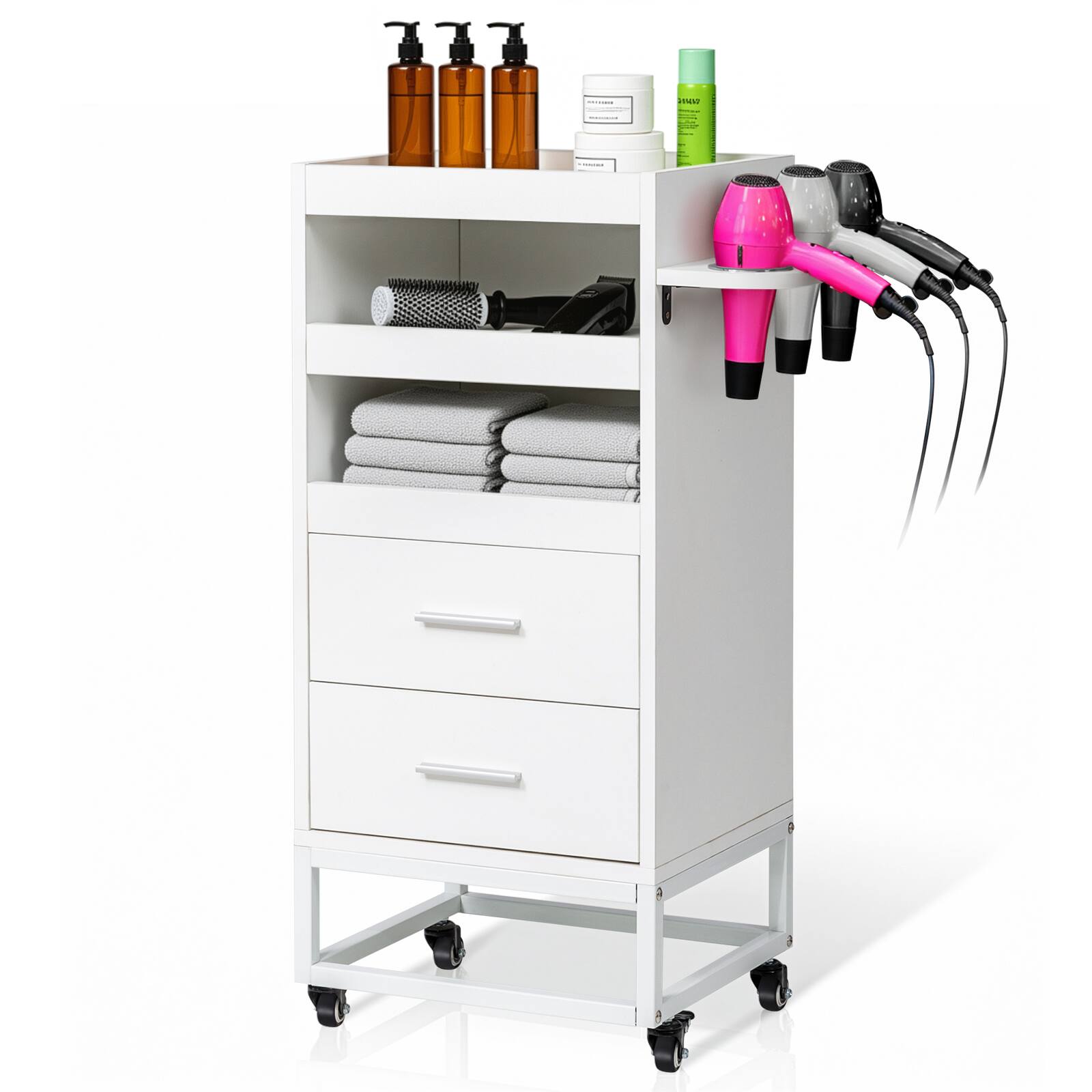 Alt View 5. Winado - Salon Trolley Cart Rolling Hair Cart with Lockable Wheels, Drawers, Ergonomic Handle, Hair Dryer Holder for Barbershop - White.