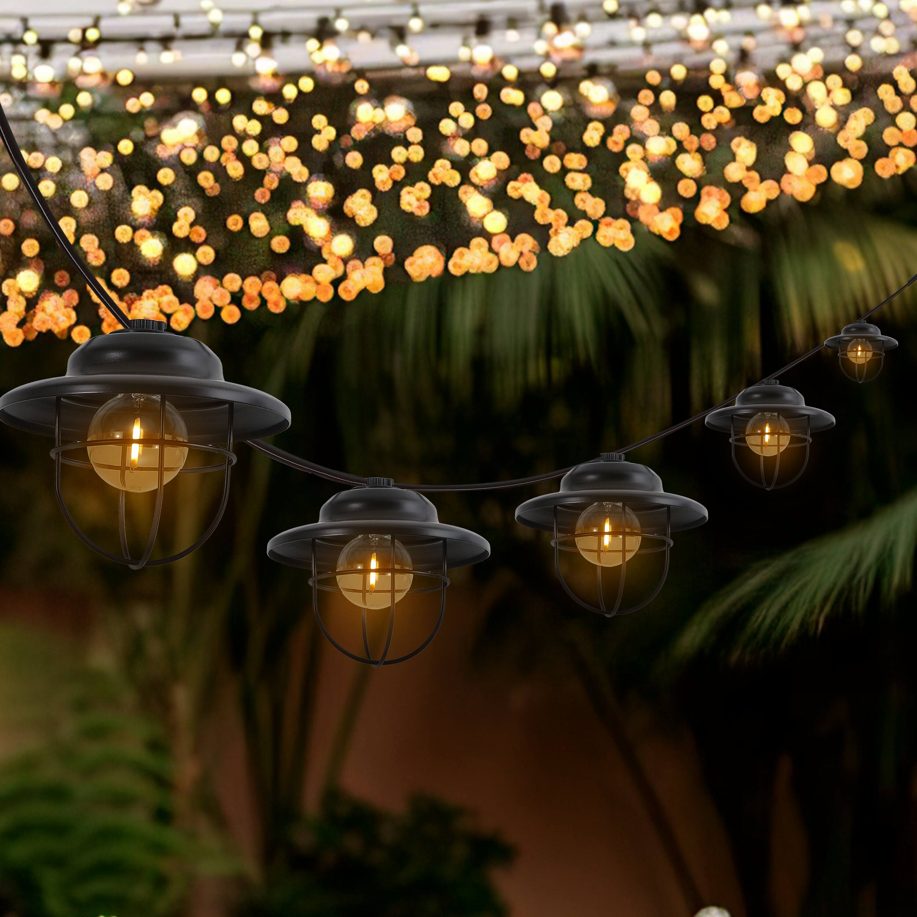 Alt View 1. Jonathan Y - 10-Light Indoor/Outdoor 10 ft. Rustic Farmhouse LED G40 Metal Cage Shade String Lights, Black - Black.