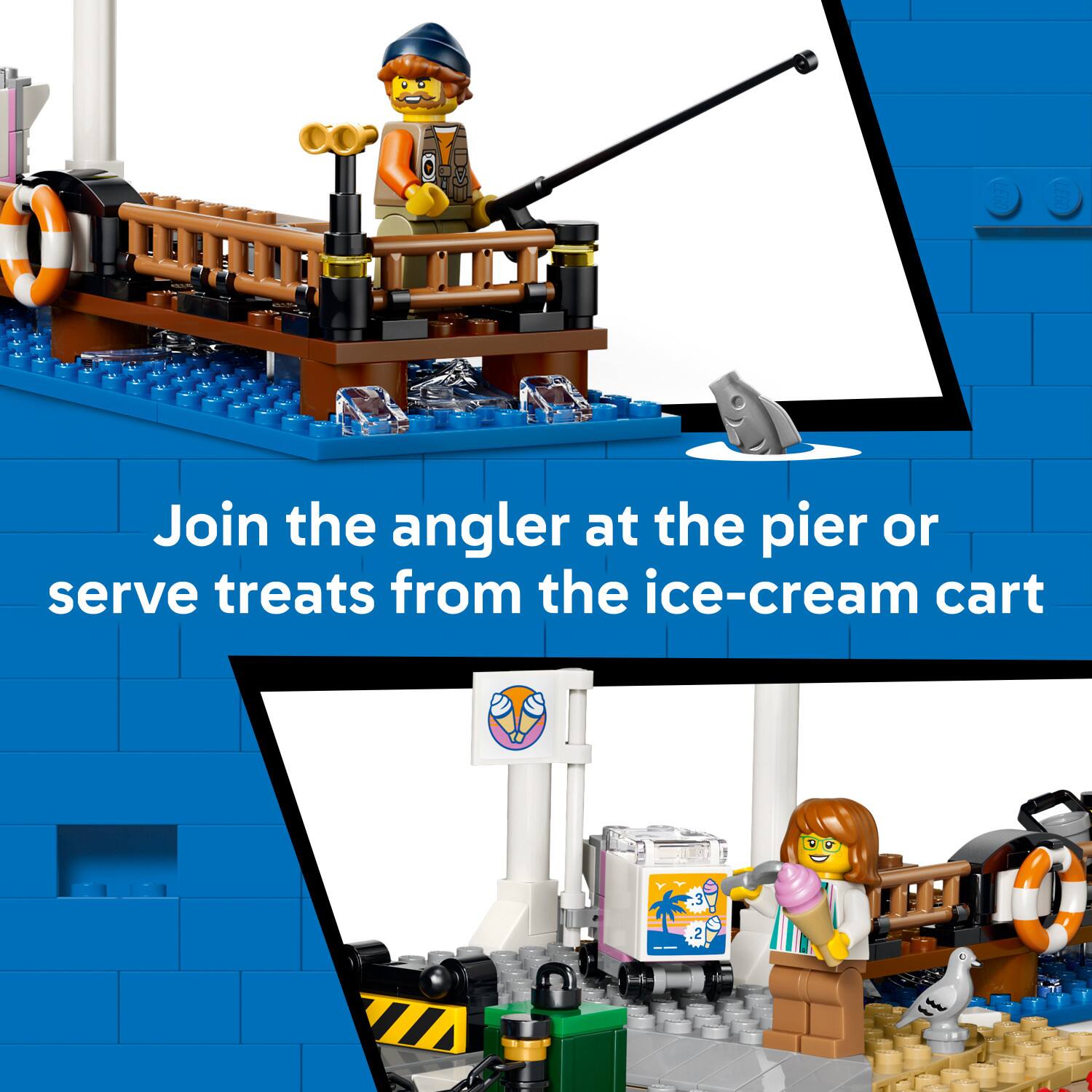 Join the angler at the pier or serve treats from the ice-cream cart