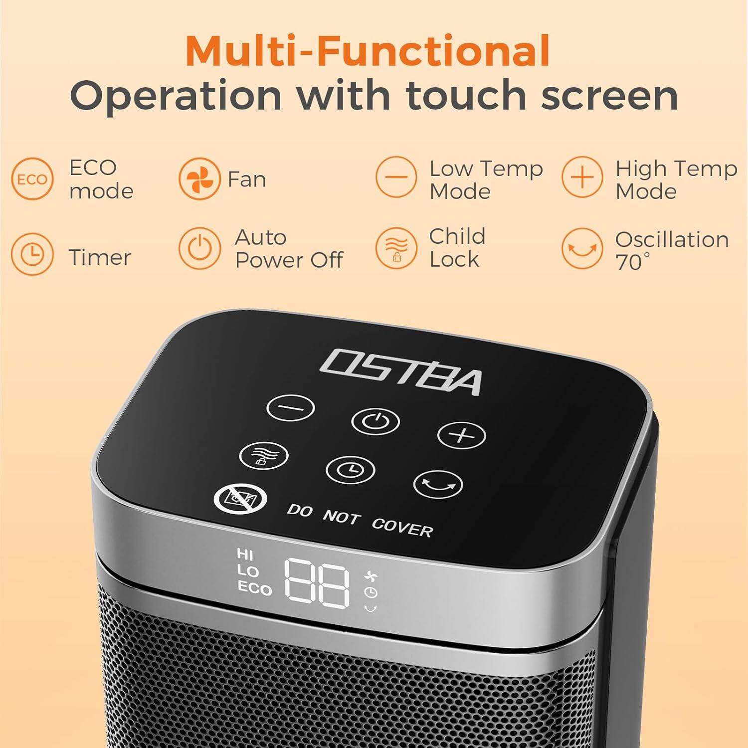 Alt View 1. OSTBA - 1500W Ceramic Space Heater with ECO, 70° Oscillation, Remote & 24H Timer. Safe, Quiet for Bedroom & Office - Black.