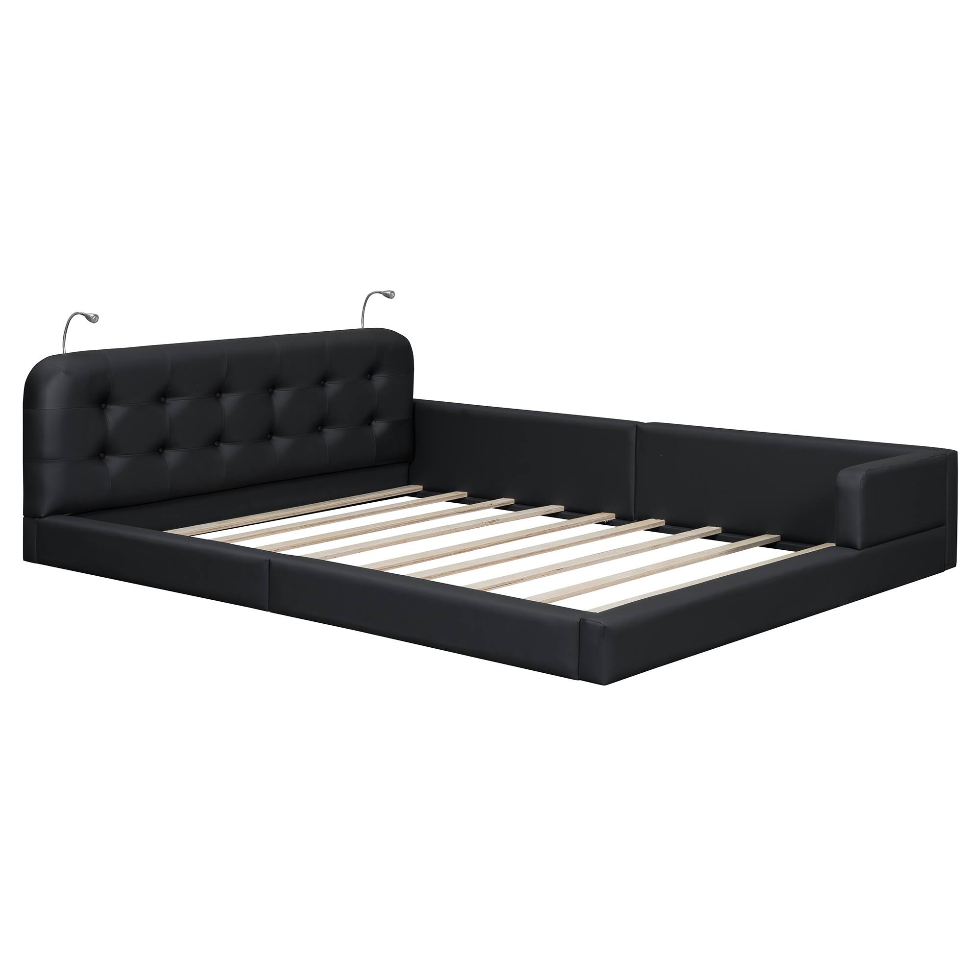 Alt View 4. Tiramisubest - Queen Size Upholstered Platform Bed with 2 Reading Lights, Black - Black.