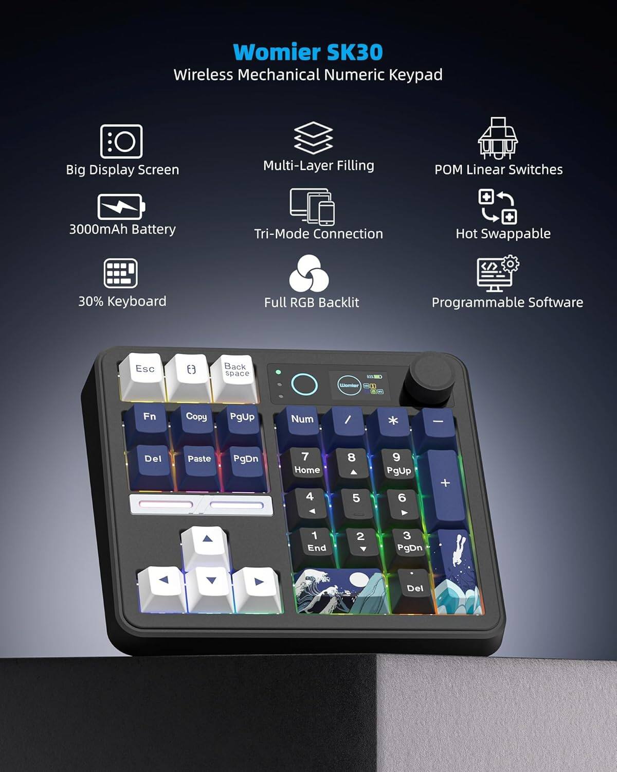 Womier SK30 Wireless Mechanical Numeric Keypad

- Big Display Screen
- Multi-Layer Filling
- POM Linear Switches
- 3000mAh Battery
- Tri-Mode Connection
- Hot Swappable
- 30% Keyboard
- Full RGB Backlit
- Programmable Software

Keys:
- Esc
- F1
- Backspace
- Fn
- Copy
- PgUp
- Num
- Del
- Paste
- PgDn
- 7
- Home
- 4
- 8
- 5
- 9
- PgUp
- 6
- +
- 1
- End
- 2
- 3
- PgDn
- Del