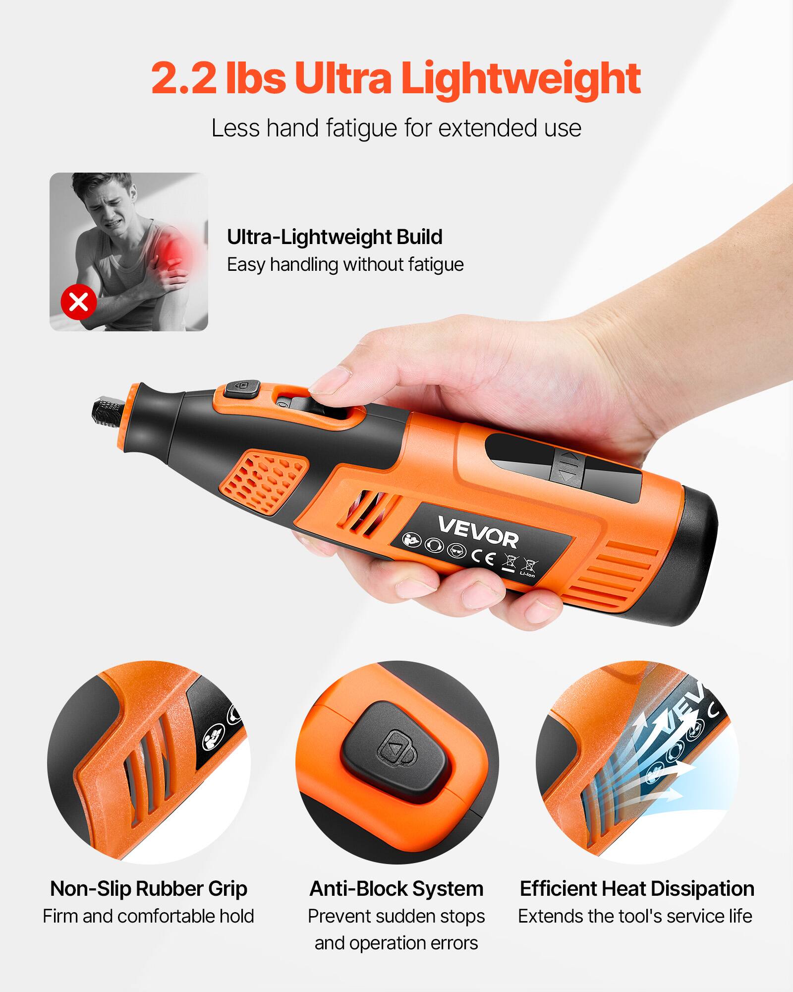 2.2 lbs Ultra Lightweight  
Less hand fatigue for extended use  

Ultra-Lightweight Build  
Easy handling without fatigue  

Non-Slip Rubber Grip  
Firm and comfortable hold  

Anti-Block System  
Prevent sudden stops and operation errors  

Efficient Heat Dissipation  
Extends the tool's service life