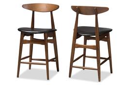 Baxton Studio - Set of 2 Flora Mid-Century Modern Faux Leather Upholstered Walnut Finished Counter Stools - Black/Walnut Brown