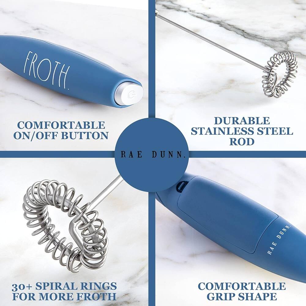 - FROTH.
- COMFORTABLE ON/OFF BUTTON
- DURABLE STAINLESS STEEL ROD
- 30+ SPIRAL RINGS FOR MORE FROTH
- COMFORTABLE GRIP SHAPE
- RAE DUNN.