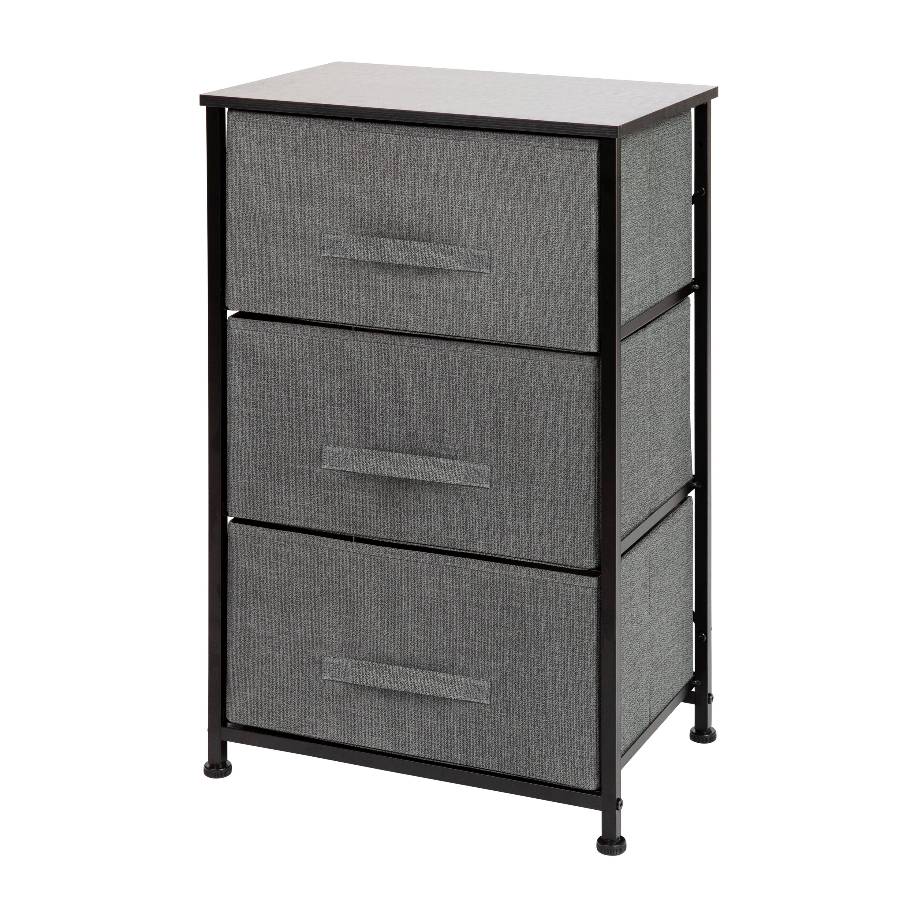Front. Emma + Oliver - 3 Drawer Vertical Storage Dresser with Wood Top & Fabric Pull Drawers - Gray Drawers/Black Frame.