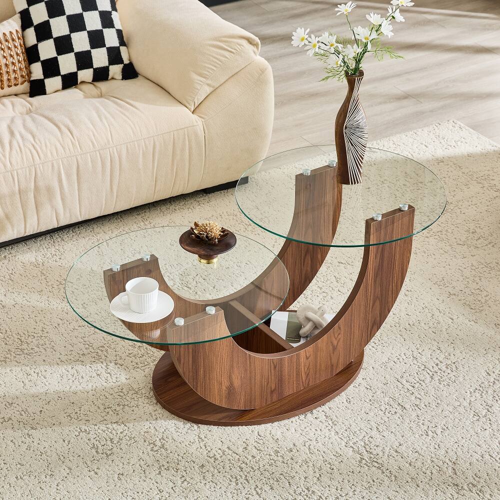 Angle. Loheer - Loheer U-Shaped Glass Coffee Table 2-Tier Modern Side Table - Walnut.