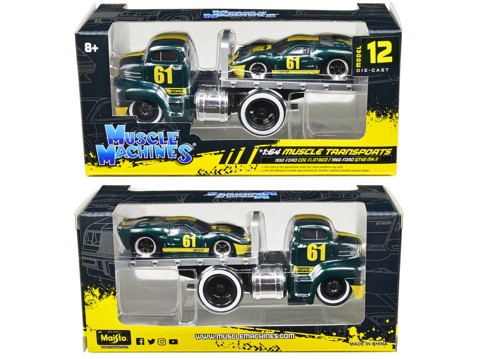 MES 8+ 61 FUPC 61 MODEL 12 DIE-CAST MUSCLE MACHINES *1:64 MUSCLE TRANSPORTS 1950 FORD COE FLATBED / 1966 FORD GT40 MK II

Actors: The scale is approximately 1:64. Some variations may exist. Certain variants may exist.

Maisto

www.musclemachines.com

MADE IN CHINA