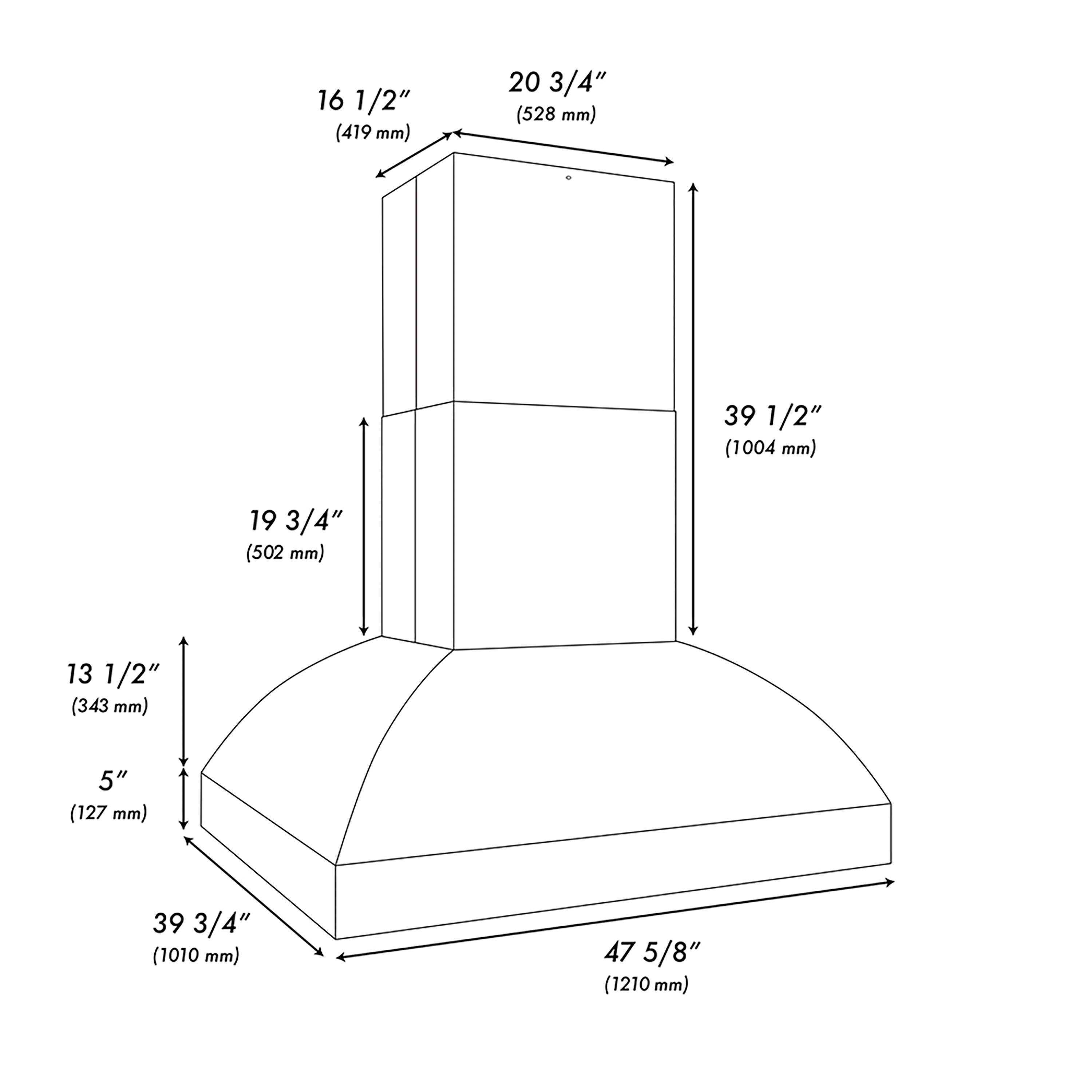 16 1/2" (419 mm)  
20 3/4" (528 mm)  
39 1/2" (1004 mm)  
19 3/4" (502 mm)  
13 1/2" (343 mm)  
5" (127 mm)  
39 3/4" (1010 mm)  
47 5/8" (1210 mm)