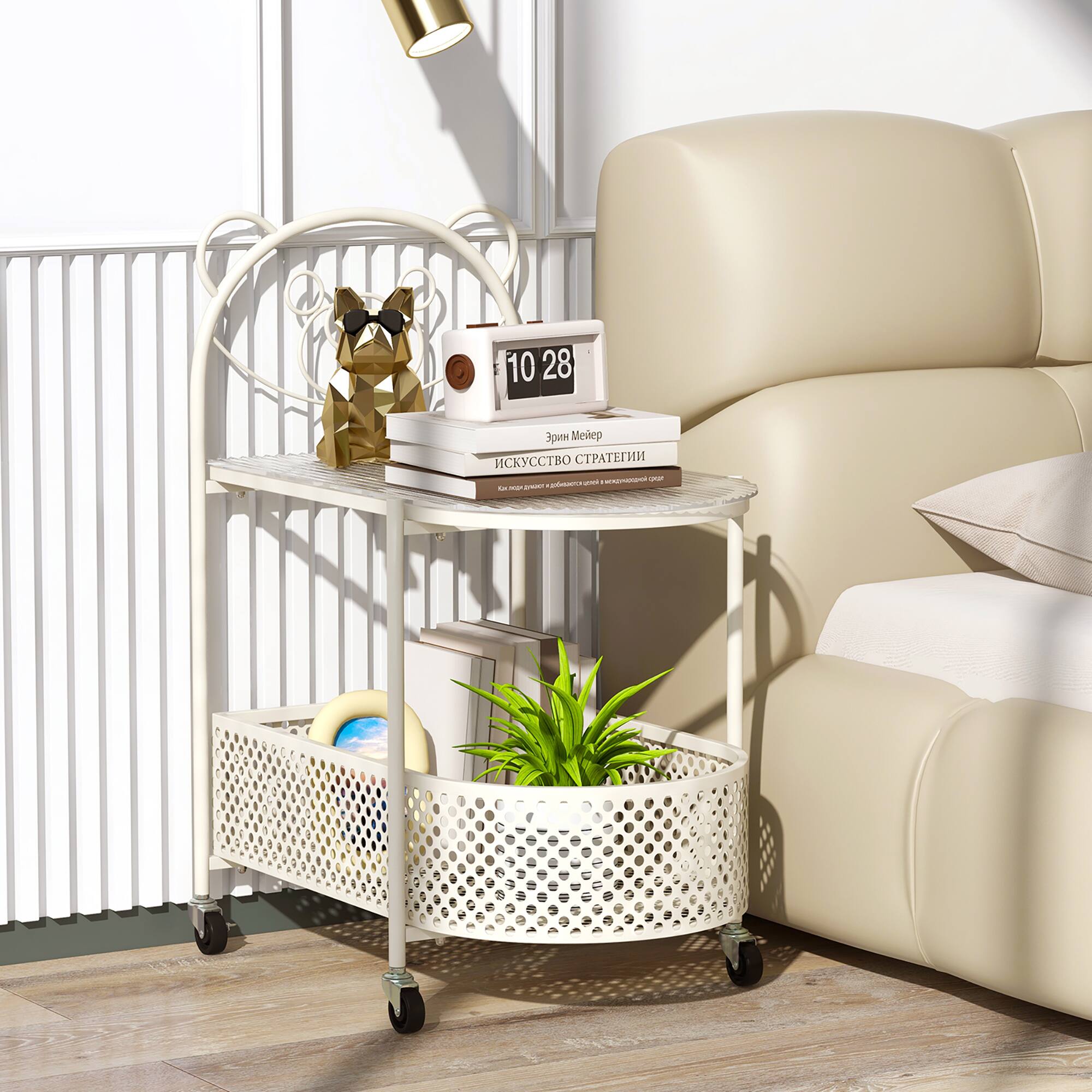 Alt View 4. Gymax - Gymax 2-Tier Mobile Glass Coffee Table w/ Bear Pattern Storage Basket Transparent & White - Transparent, White.