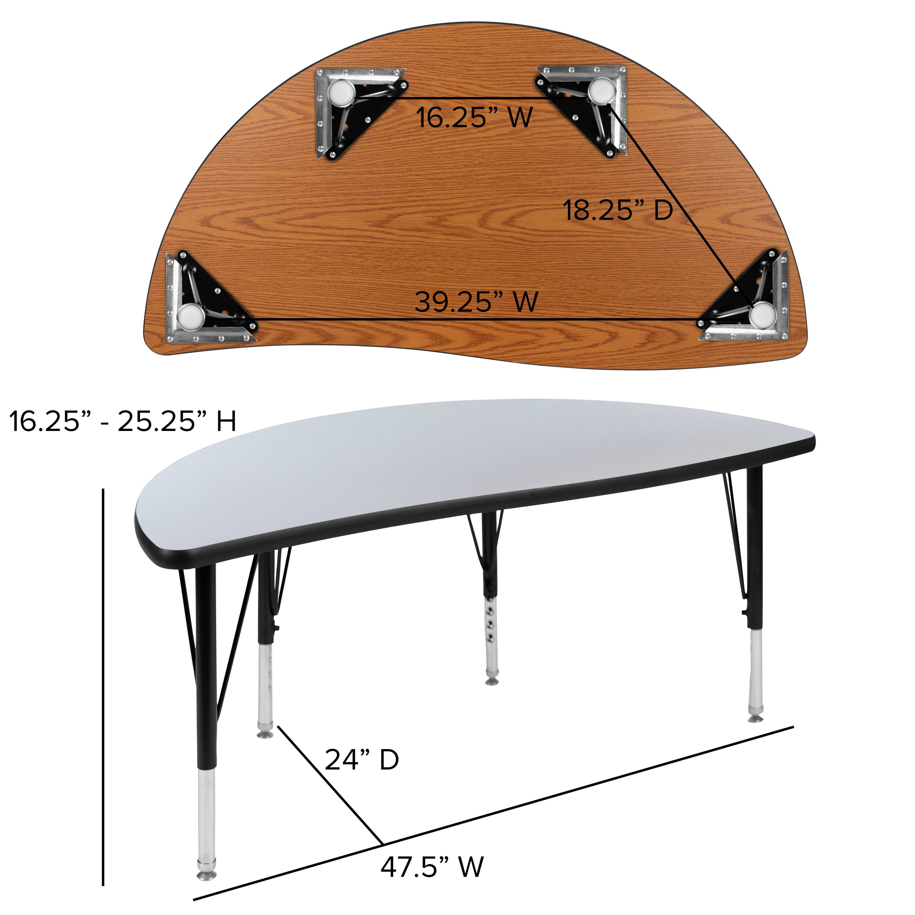 16.25" W  
18.25" D  
39.25" W  
16.25" - 25.25" H  
24" D  
47.5" W