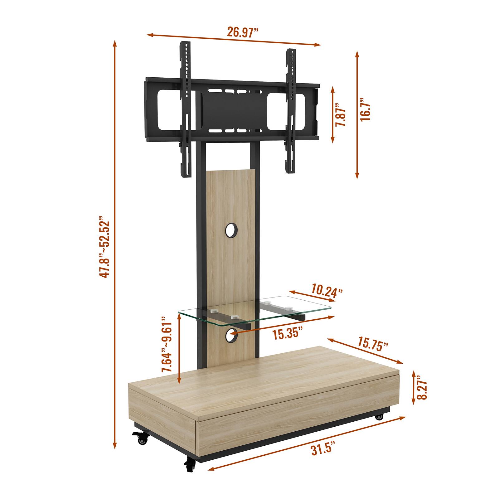 26.97"  
7.87"  
16.7"  
47.8"~52.52"  
7.64"-9.61"  
10.24"  
15.35"  
15.75"  
8.27"  
31.5"