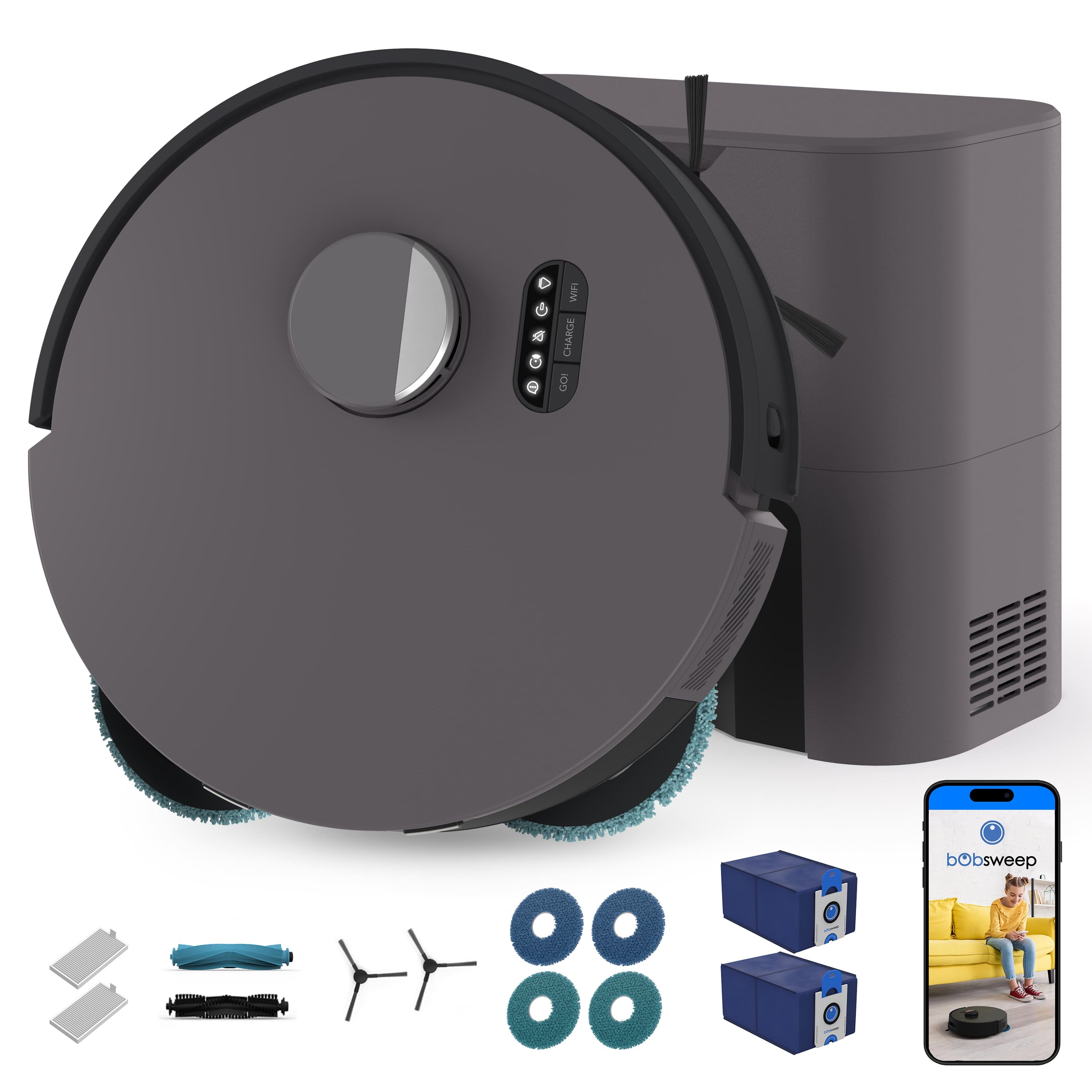 bObsweep - Dustin Combo Robot Vacuum & Mop, with Dual Spin Mops, 8000 Pa Suction, 100-day Auto-Empty Dock, and Odor Control Bags - Twilight