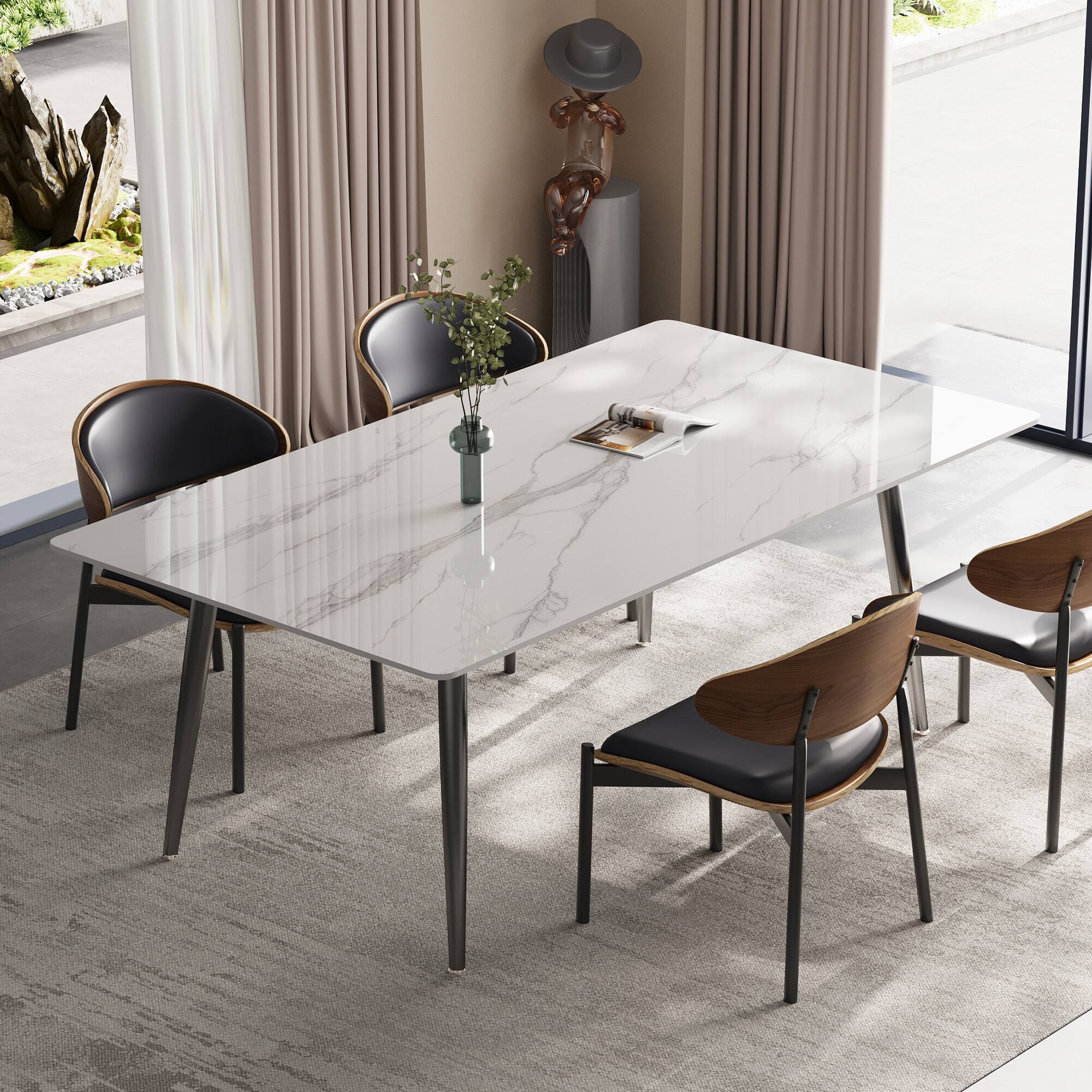 Left. luck idea - 70.8" Long dining table, Sintered stone top, Metal legs - Bright White.