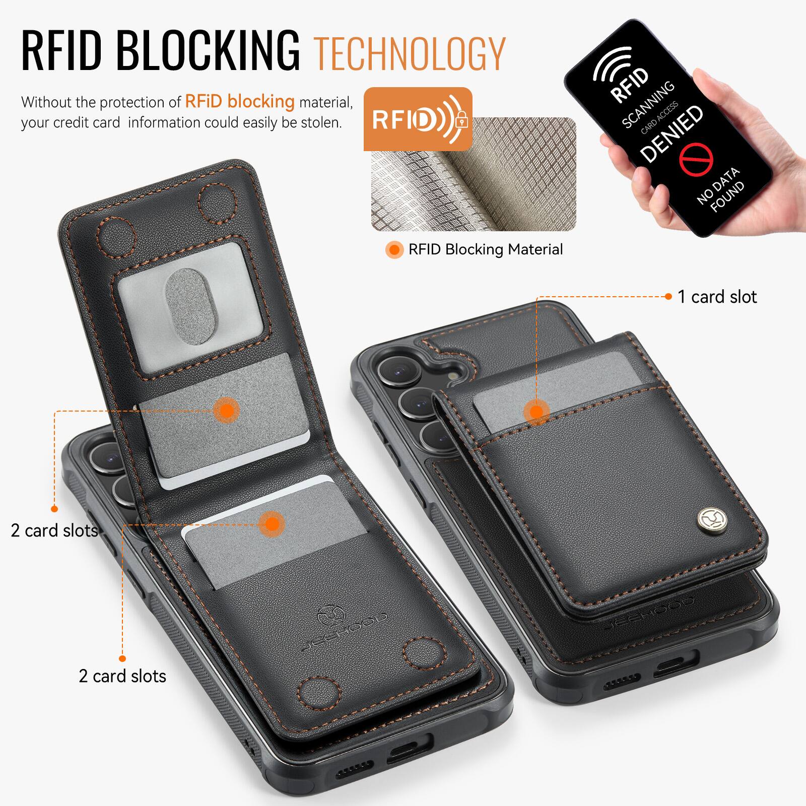 RFID BLOCKING TECHNOLOGY

Without the protection of RFID blocking material, your credit card information could easily be stolen.

RFID Blocking Material

1 card slot

2 card slots

2 card slots