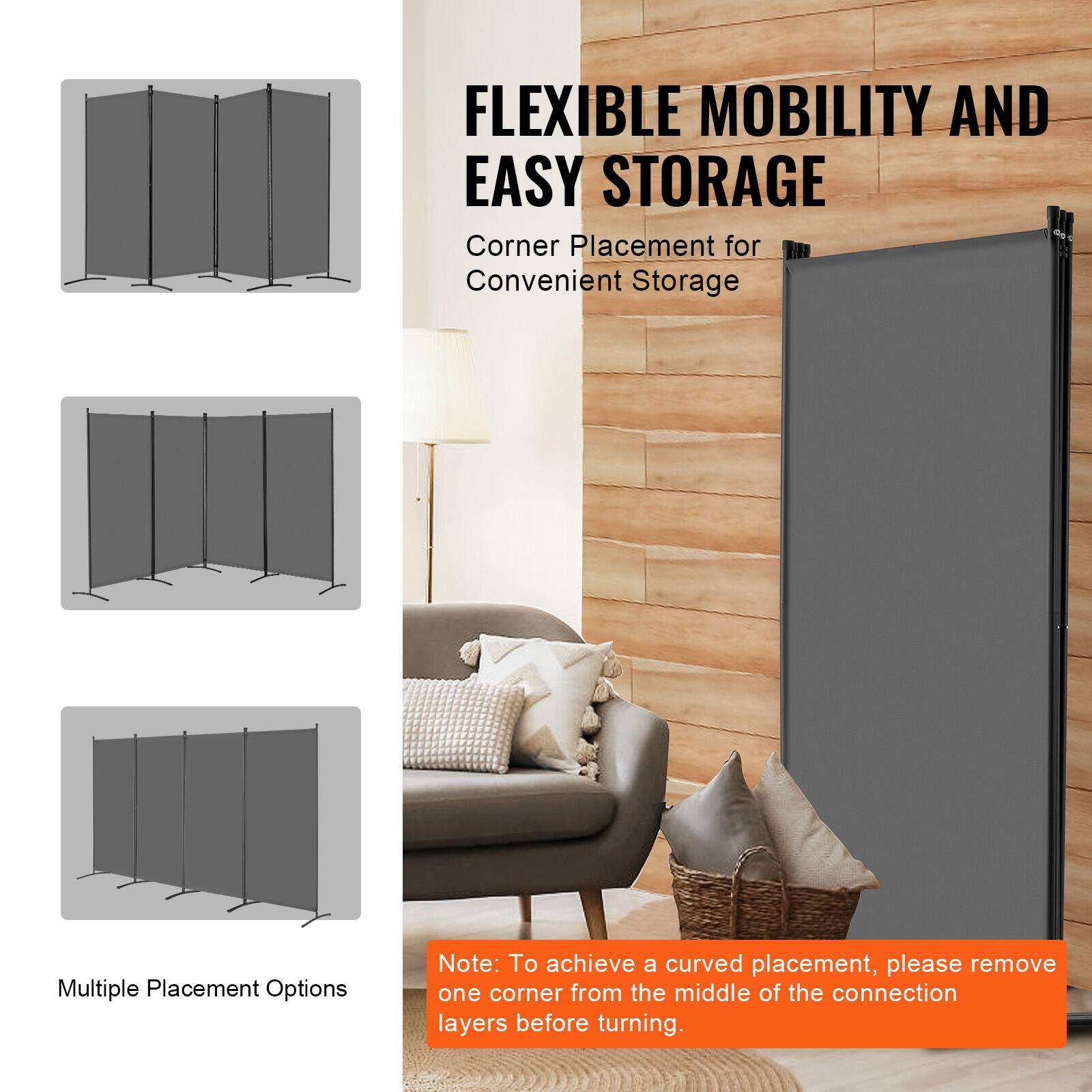FLEXIBLE MOBILITY AND EASY STORAGE
Corner Placement for Convenient Storage
Multiple Placement Options
Note: To achieve a curved placement, please remove one corner from the middle of the connection layers before turning.