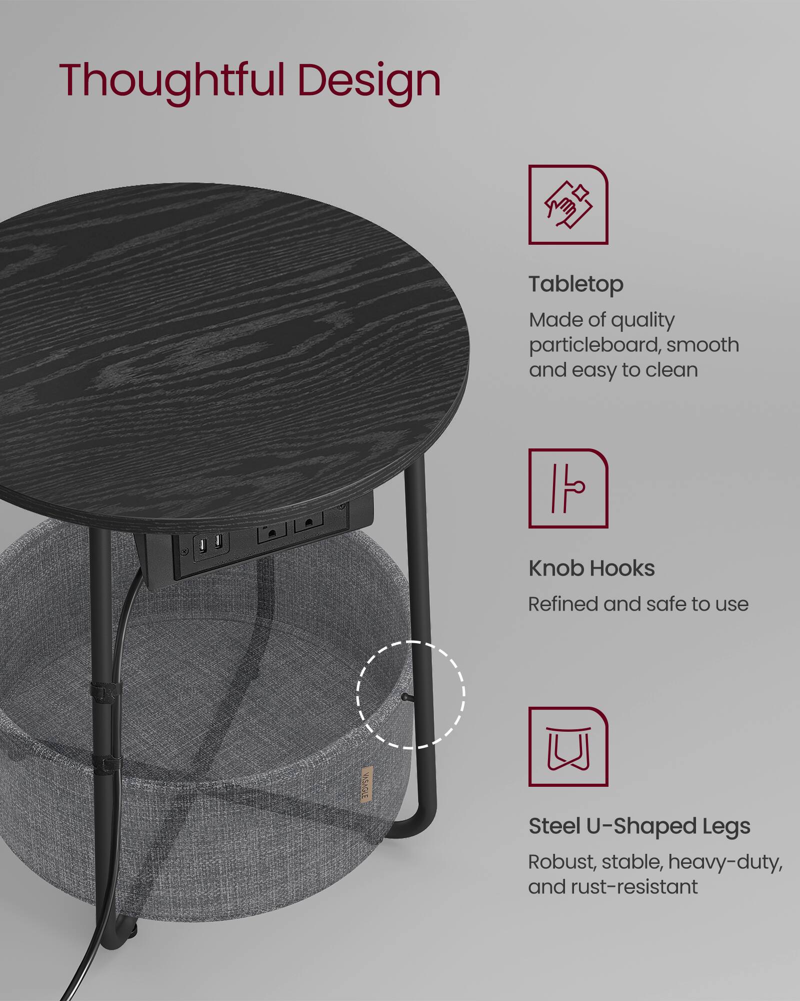 Thoughtful Design

Tabletop  
Made of quality particleboard, smooth and easy to clean

Knob Hooks  
Refined and safe to use

Steel U-Shaped Legs  
Robust, stable, heavy-duty, and rust-resistant