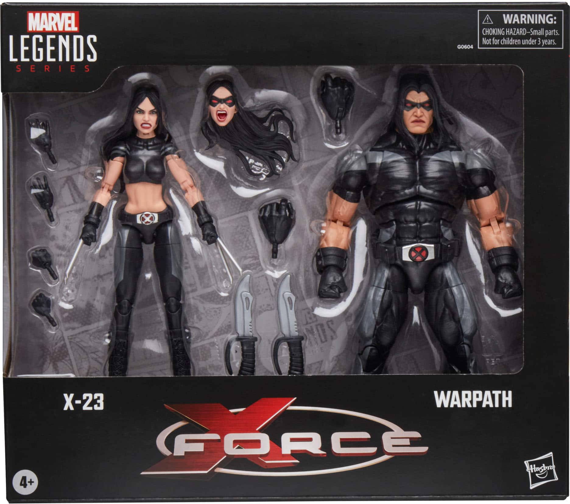 The text on the image is grouped as follows:
1. "MARVEL LEGENDS SERIES"
2. "WARNING: CHOKING HAZARD-Small parts. Not for children under 3 years."
3. "GO604 4+ R NOS ES EZ X-23 WARPATH FORCE Hasbro"