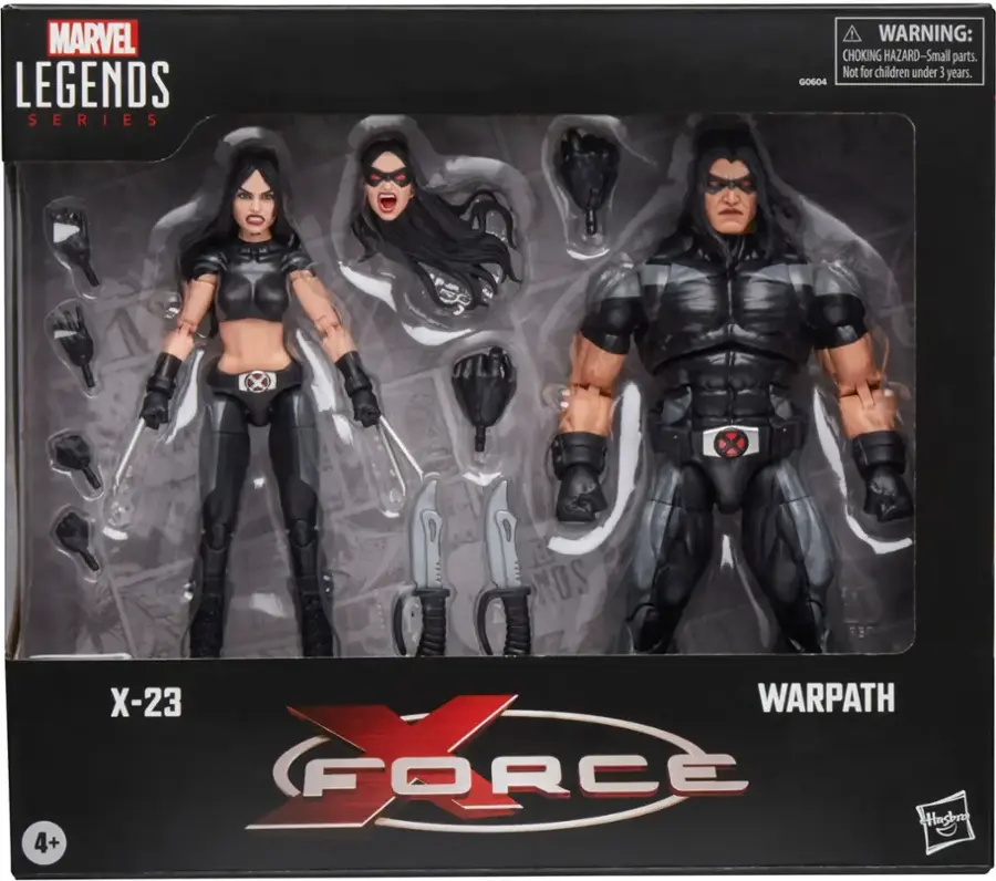 The text on the image reads: "MARVEL LEGENDS SERIES WARNING: CHOKING HAZARD-Small parts. Not for children under 3 years. GO604 x R NOS 4+ X-23 WARPATH FORCE Hagbr."