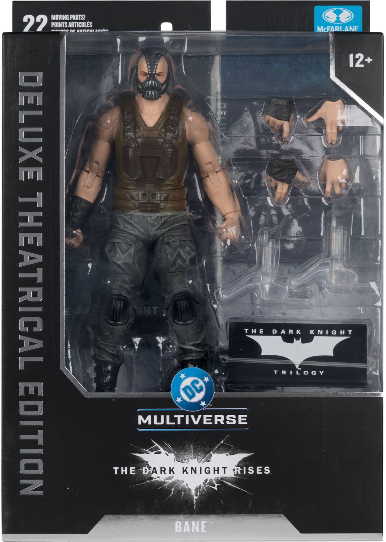 MOVING PARTS!  
22 POINTS ARTICULS  
DELUXE THEATRICAL EDITION  
THE DARK KNIGHT TRILOGY DC MULTIVERSE EDITION  
THE DARK KNIGHT RISES  
BANE