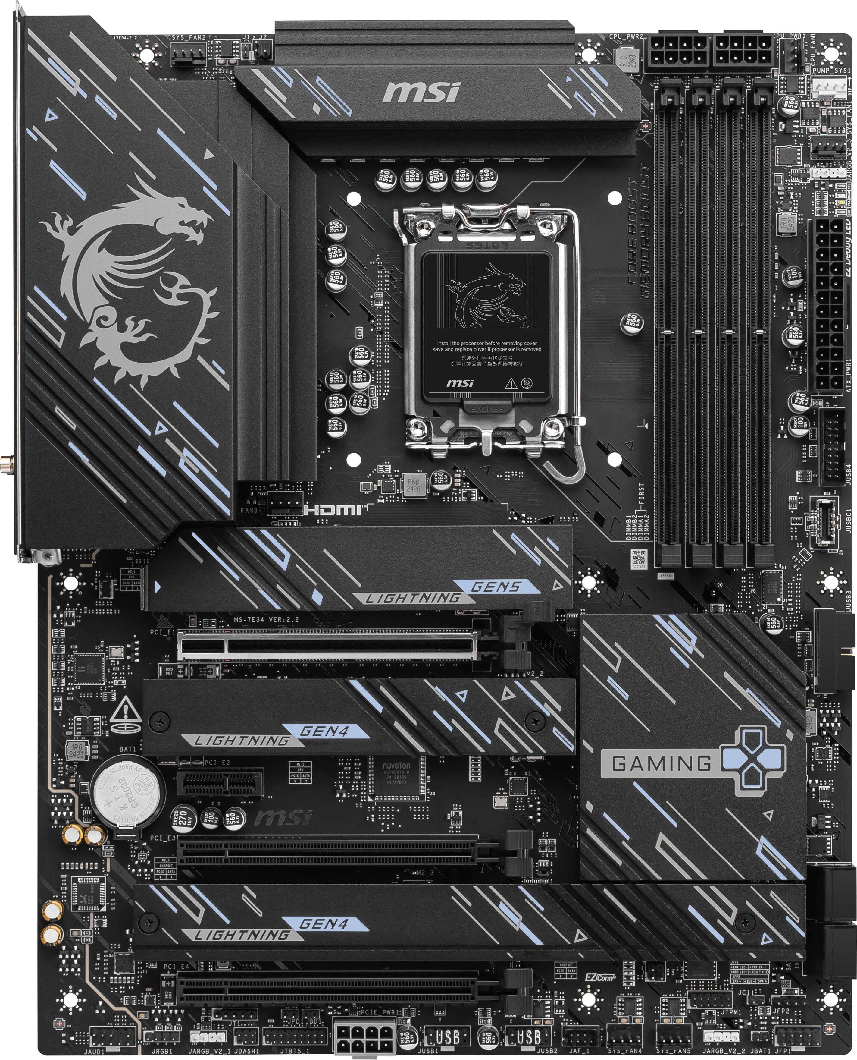 The image features a close-up of a computer motherboard with a dragon design on it. The motherboard is made by MSI, and it is a gaming motherboard. The board has a dragon on it, which adds a unique touch to the design. The motherboard is also equipped with a USB 2.0 port, which is a standard feature for modern computer systems.