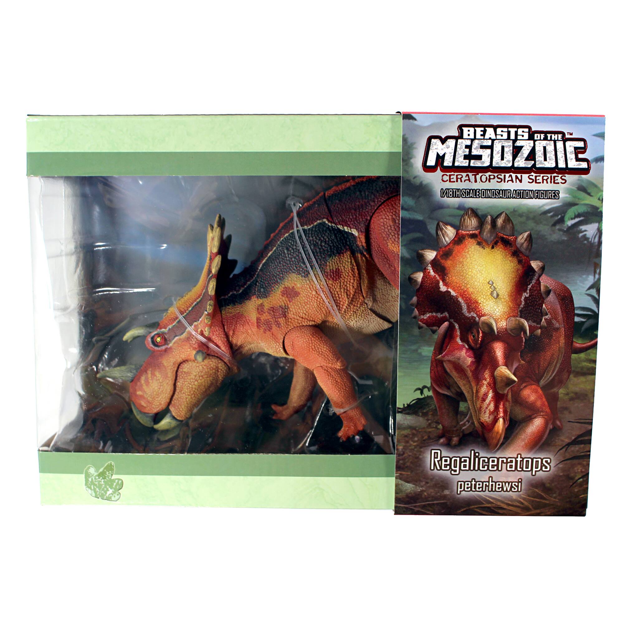 The image features a box containing a dinosaur action figure, specifically a Regaliceratops peterhewsi. The box is green and has a clear plastic covering to protect the figure. The figure is a representation of a dinosaur from the Mesozoic era, and it is part of the Ceratopsians series. The box is designed to showcase the figure and its unique features, making it an attractive display for dinosaur enthusiasts.