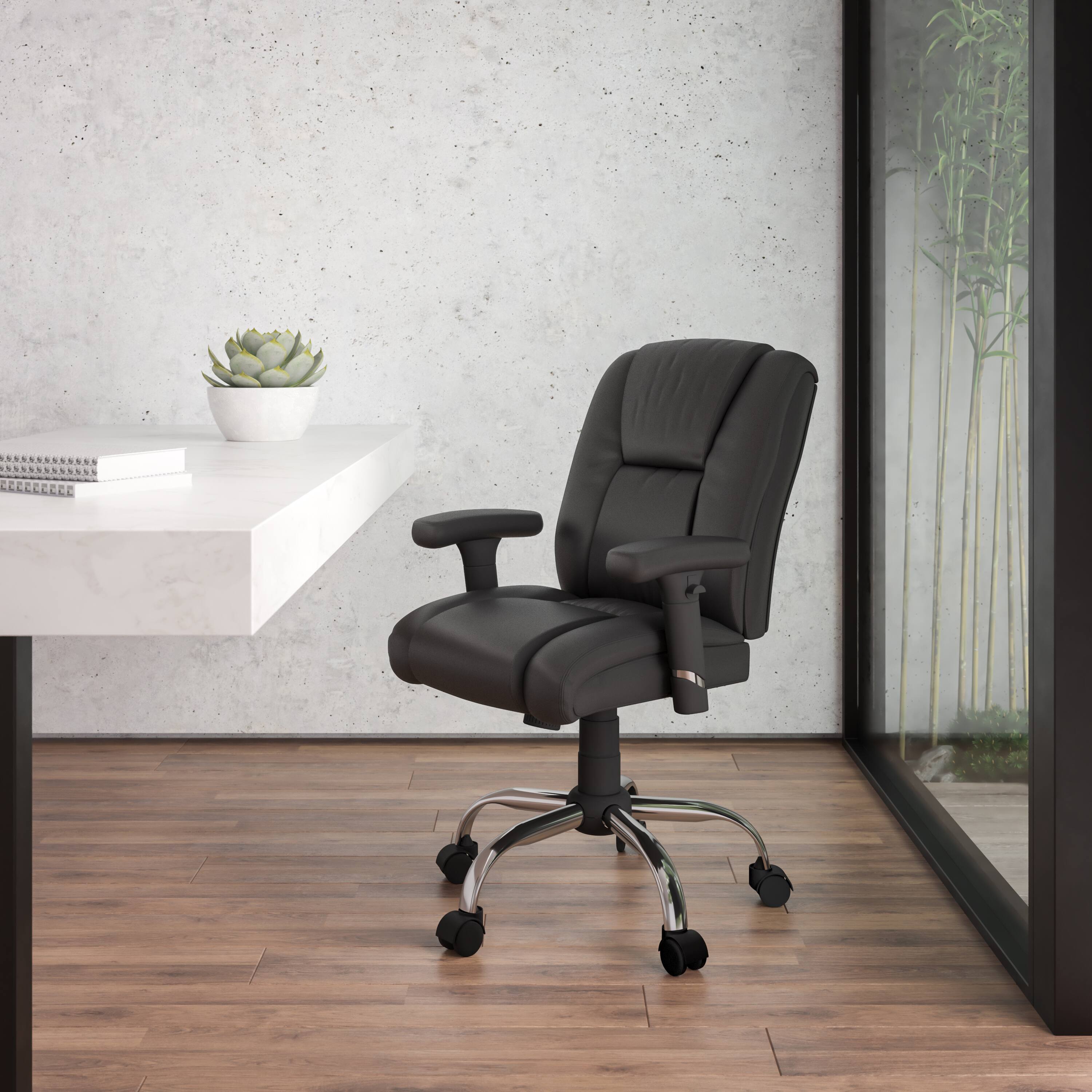 Alt View 1. Emma + Oliver - Big & Tall 400 lb. Rated Leather Swivel Ergonomic Task Office Chair with Chrome Base and Adjustable Arms - Black.