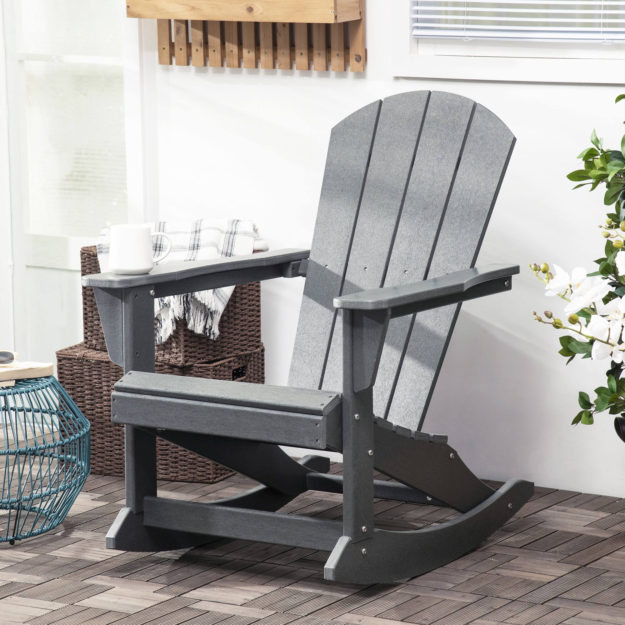 Angle. Outsunny - Adirondack Rocking Chair, All Weather HDPE Porch Rocker, Rocking Fire Pit Chair for Patio, Garden, Lawn, Light Gray - Light Grey.