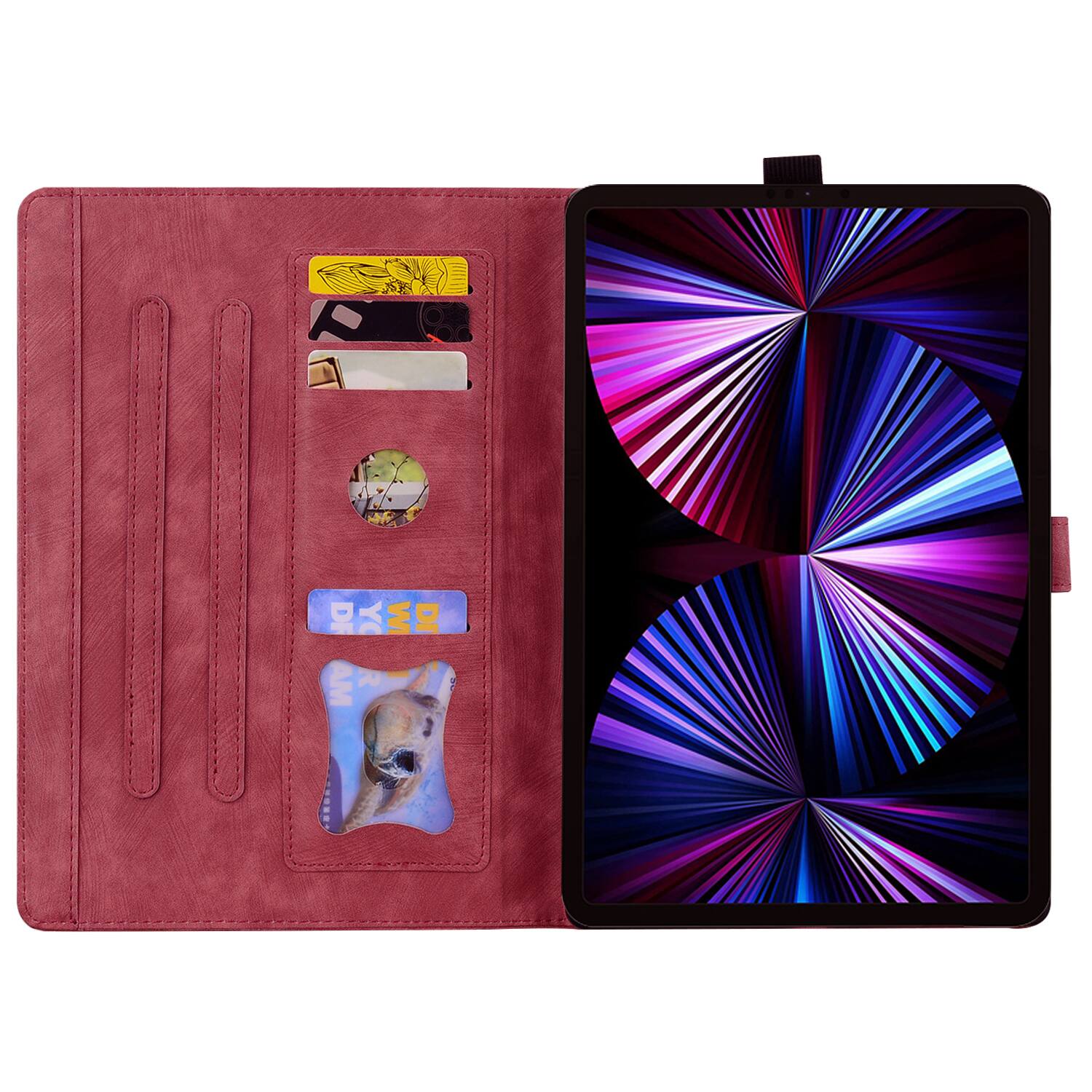 Left. Dteck - For Apple iPad (A16) 11" 2025/iPad 10th 2022 Embossed Flower Pattern Folio Case Card Slots Kickstand Cover - Winered.