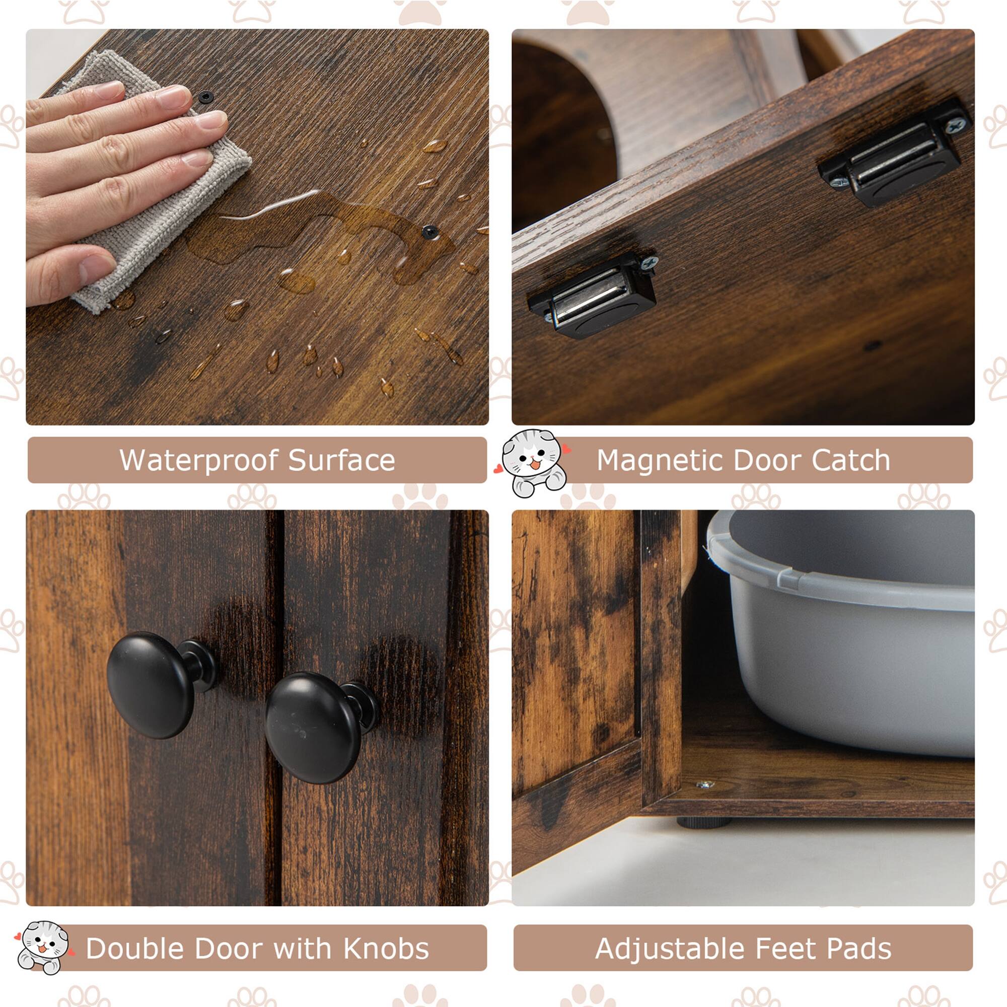 - Waterproof Surface
- Magnetic Door Catch
- Double Door with Knobs
- Adjustable Feet Pads