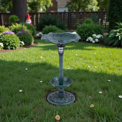 Front. BreeBe - 2-in-1 Standing Bird Bath and Feeder – Elegant Lotus Leaf Pedestal for Outdoor Garden Decor - Green.
