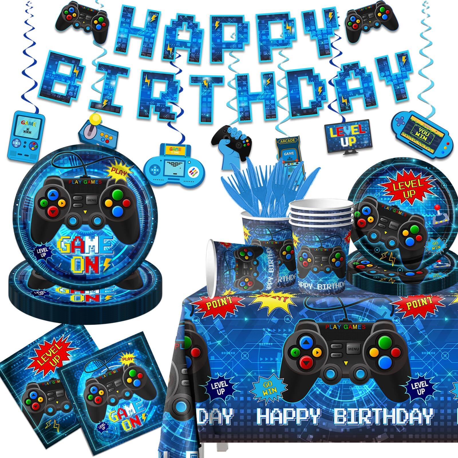 Sure, here is the corrected and grouped text from the image:

---

**Happy Birthday**

- Game On
- Play Games
- Level Up
- Go Win
- Point
- Arcade
- Menu
- Happy Birthday
- Play Games
- Level Up
- Go Win
- Point
- Happy Birthday

---

This text is derived from the various elements in the image, including the central "Happy Birthday" message, game-related phrases, and other decorative text.