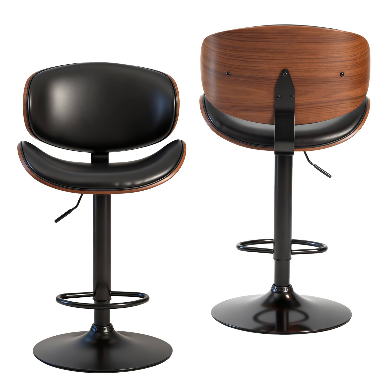 Front. AENKYO - Set of 2 PU Leather Bar Stools Counter Height Stools with 360° Swivel & Adjustable Height - Black.