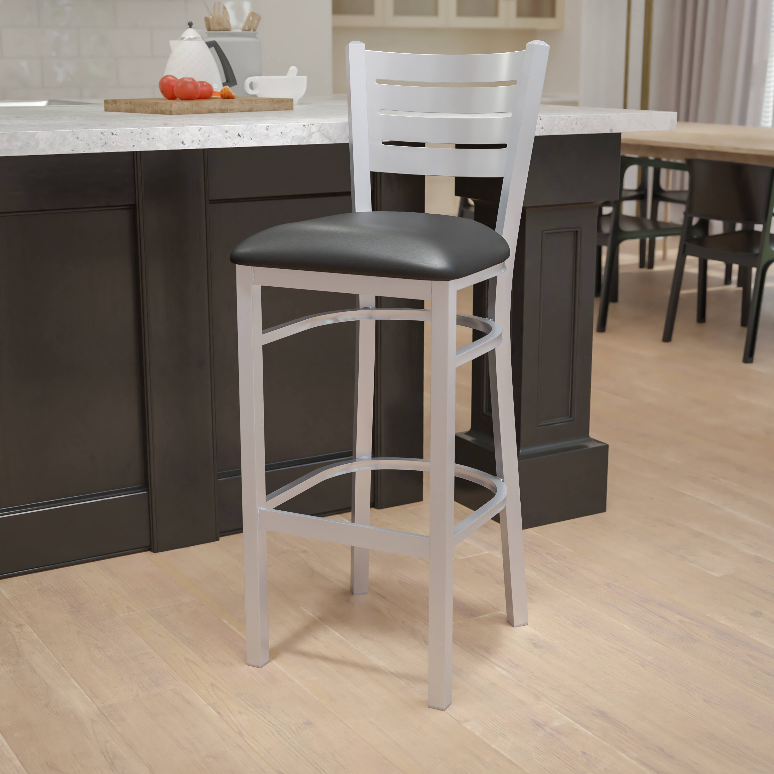 Alt View 1. Emma + Oliver - Silver Slat Back Metal Restaurant Dining Barstool - Black Vinyl Seat/Silver Frame.