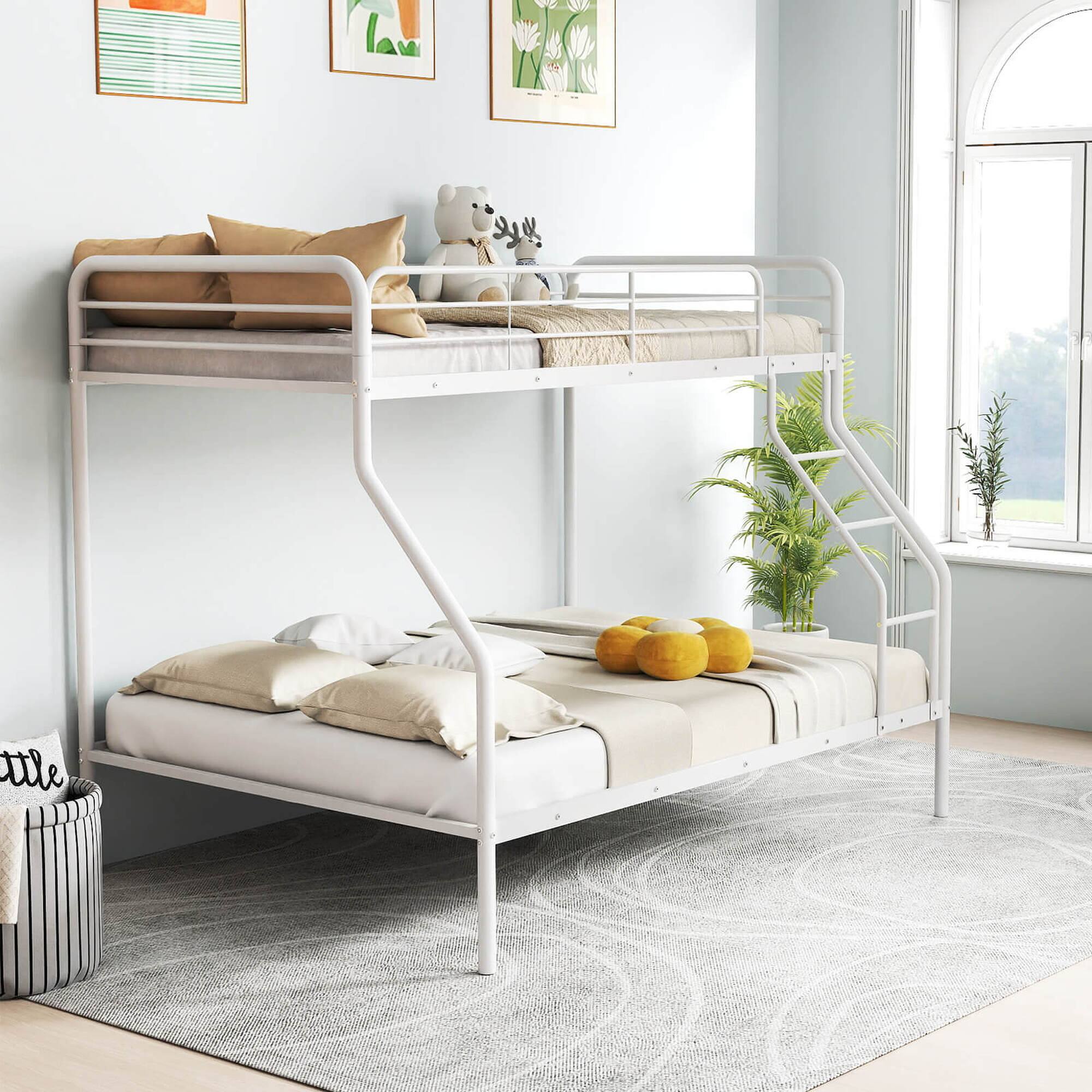 Back. Costway - Twin over Full Metal Bunk Bed with Inclined Ladder Safety Guardrail, Slat Support - White.