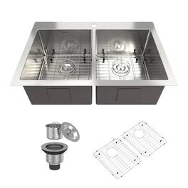 Boyel Living - 33 in. Drop-In Double Bowl 18-Gauge Stainless Steel Kitchen Sink with Bottom Grids and Strainer Basket and Drain Cap - Silver