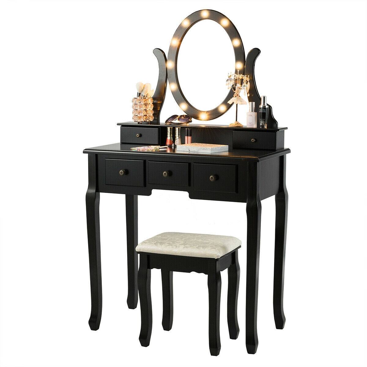 Front. Ecooso - 5-Drawer Vanity Table with LED Light Bulbs, Large Storage and Premium Makeup Area Setup - Black.