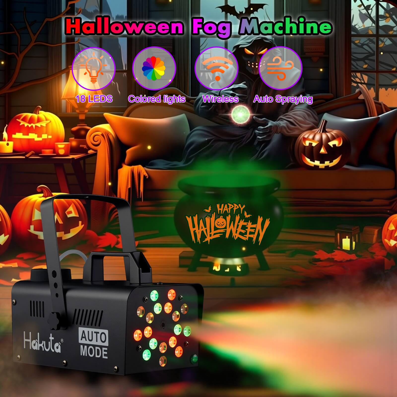 Mālama Collection HAKUTA Fog Machine with 18 Colorful LED Lights Automatic Fog