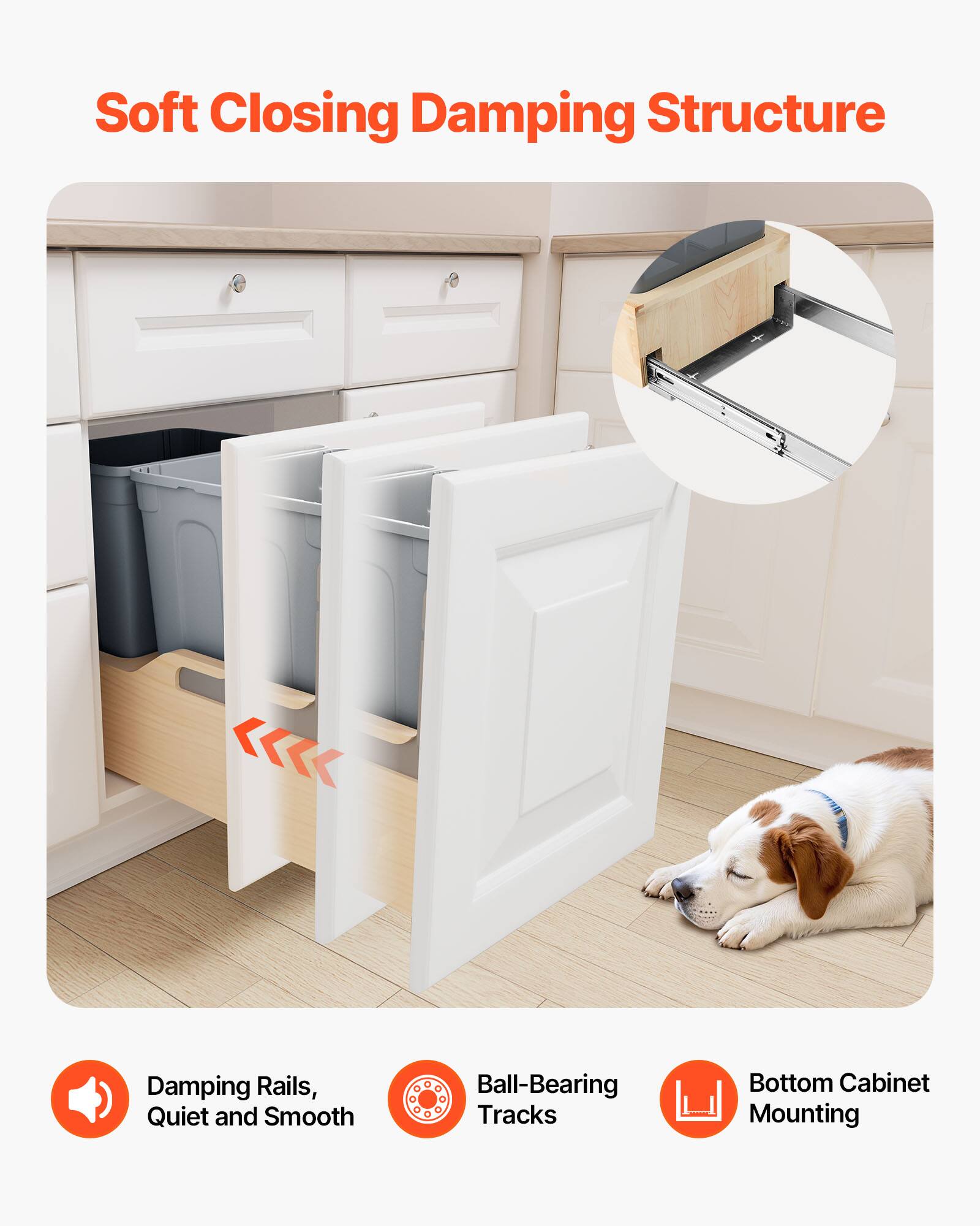 Soft Closing Damping Structure

- Damping Rails, Quiet and Smooth
- Ball-Bearing Tracks
- Bottom Cabinet Mounting