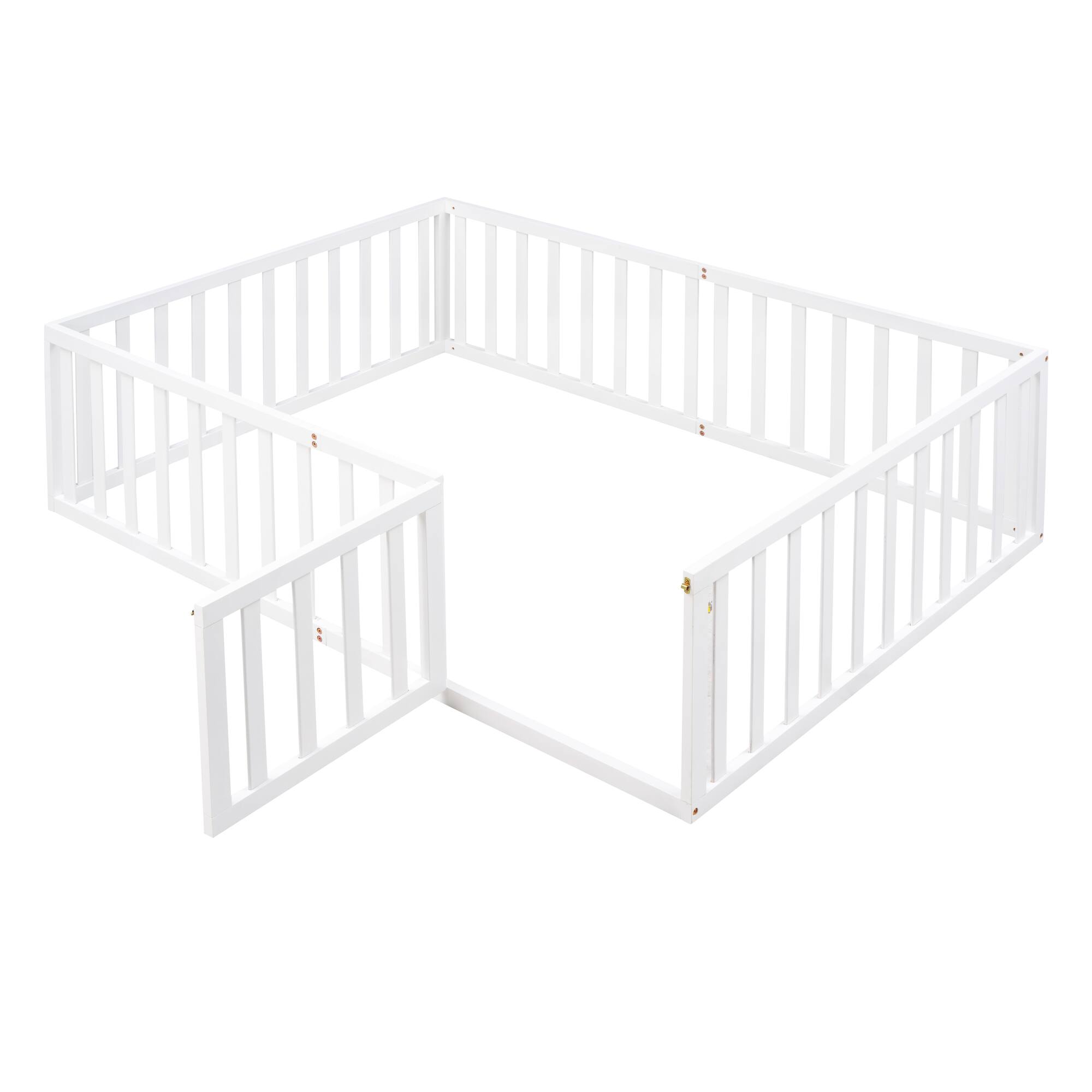 Left. Whisen - Wood Daybed Frame, Montessori Floor Bed with Fence and Door - White.