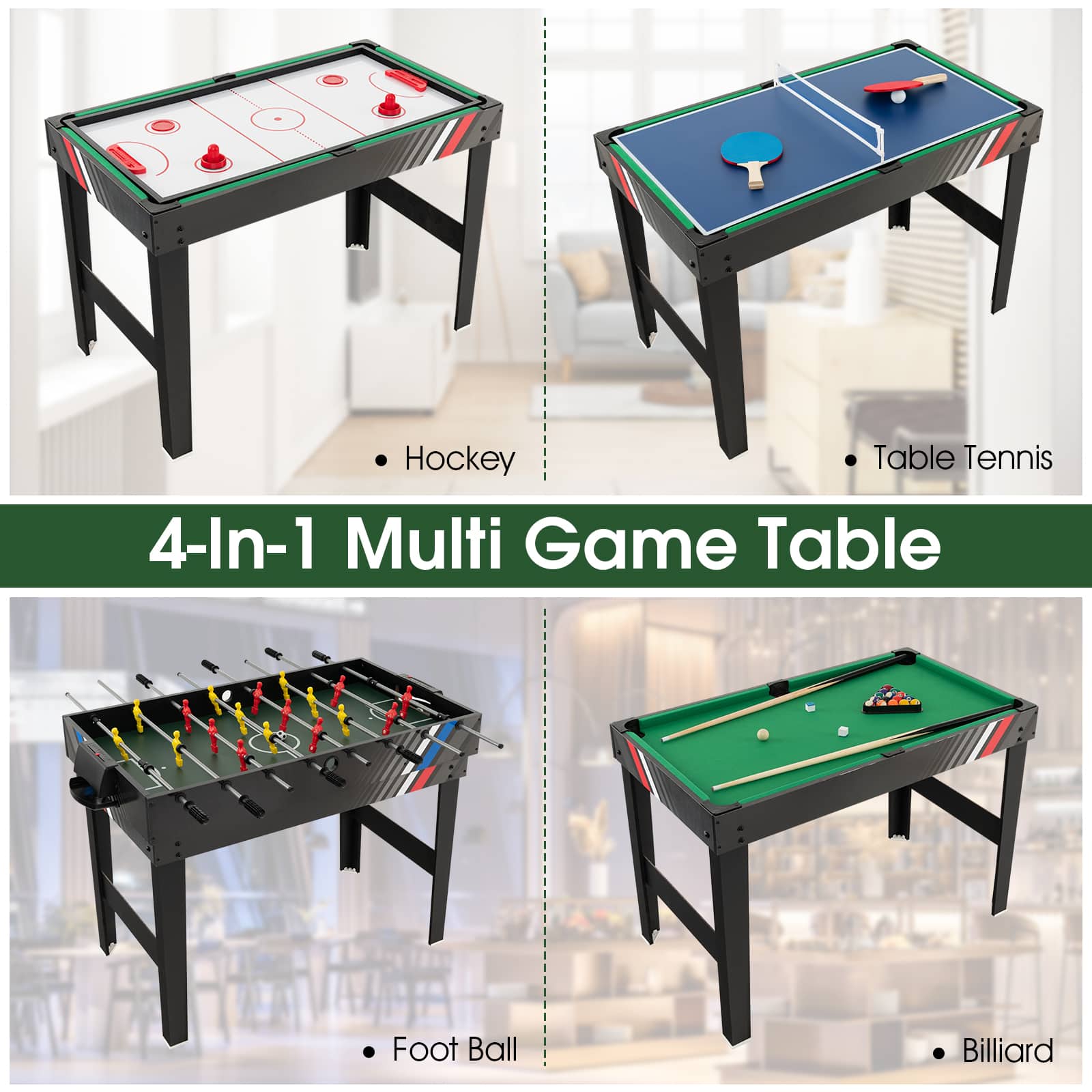 Hockey Table Tennis 4-In-1 Multi Game Table Foot Ball Billiard